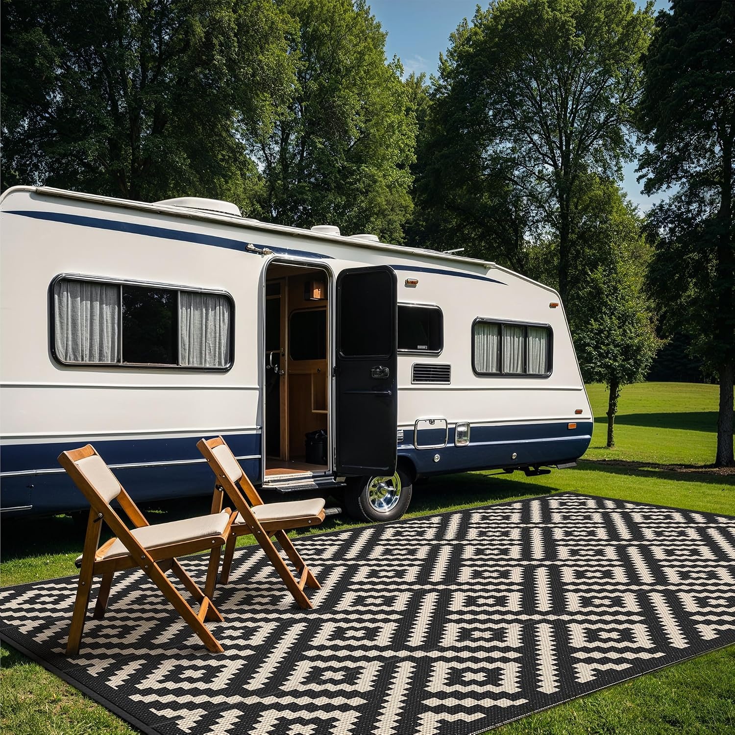 image:imageGENIMO Outdoor Rug for Patio Clearance 5x8 Reversible Plastic Straw Rugs Lightweight Waterproof RV Camping Mat for Camper Balcony Deck Backyard Picnic BlackBrownBlackbeige