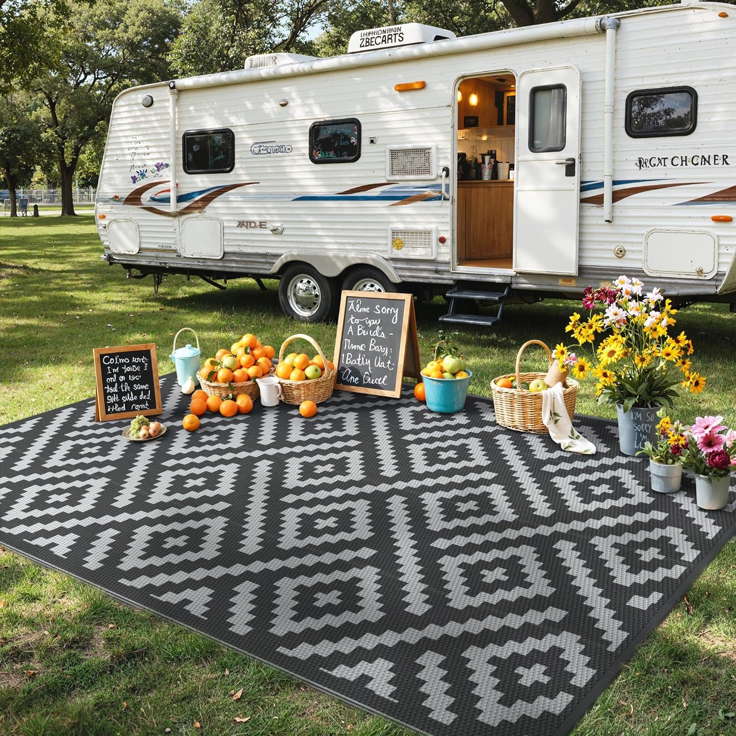 image:imageGENIMO Outdoor Rug for Patio Clearance 5x8 Reversible Plastic Straw Rugs Lightweight Waterproof RV Camping Mat for Camper Balcony Deck Backyard Picnic BlackBrownBlackgray