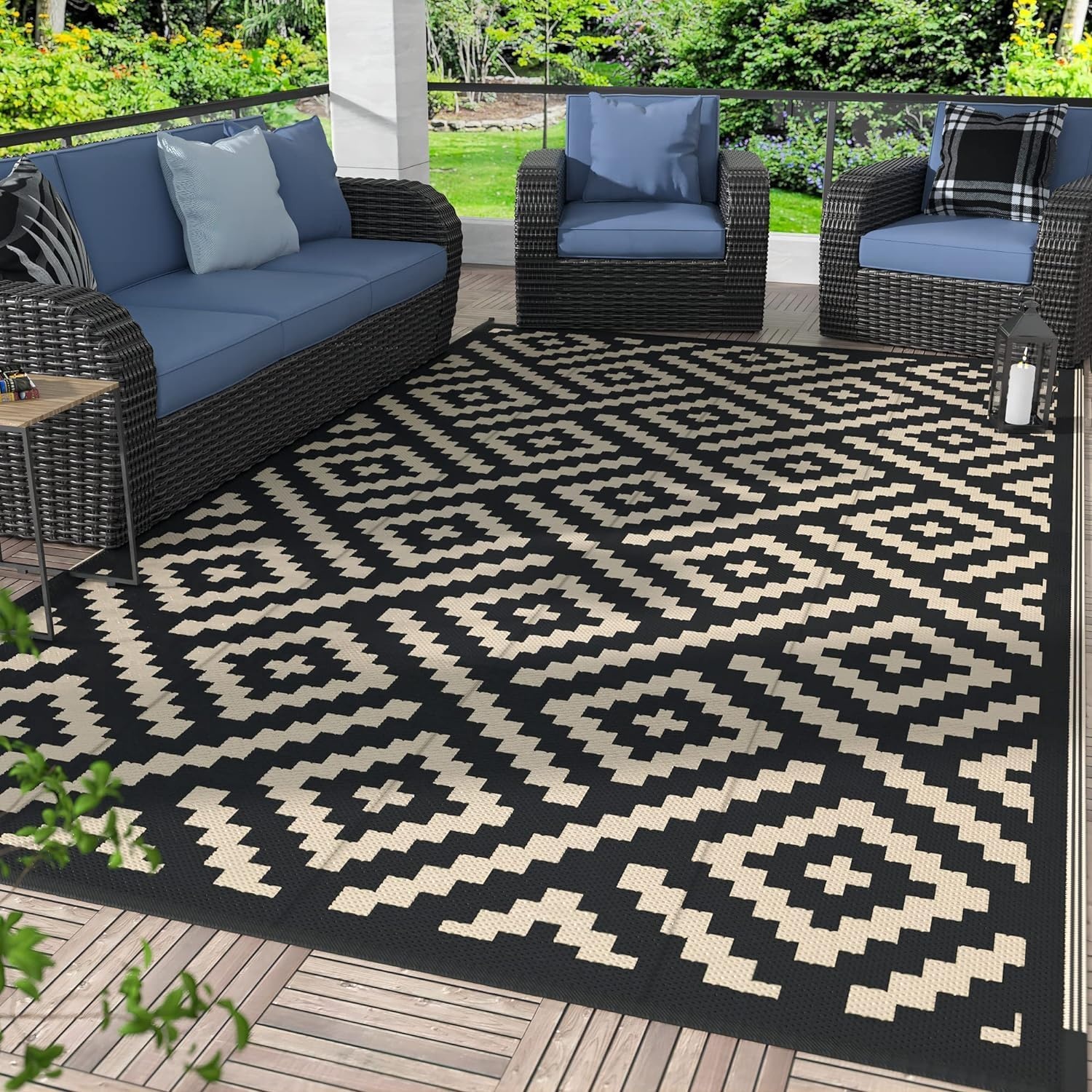 image:imageGENIMO Outdoor Rug for Patio Clearance 5x8 Reversible Plastic Straw Rugs Lightweight Waterproof RV Camping Mat for Camper Balcony Deck Backyard Picnic BlackBrownBlackbeige