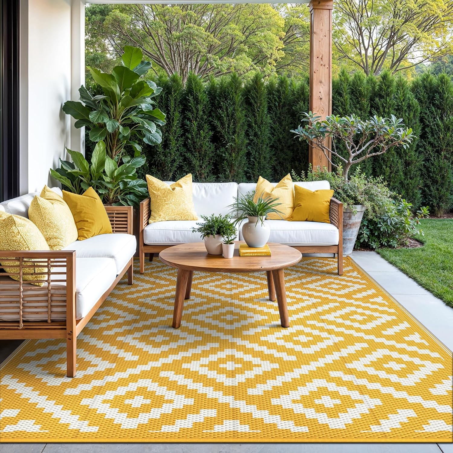 image:imageGENIMO Outdoor Rug for Patio Clearance 5x8 Reversible Plastic Straw Rugs Lightweight Waterproof RV Camping Mat for Camper Balcony Deck Backyard Picnic BlackBrownYellow Beige White