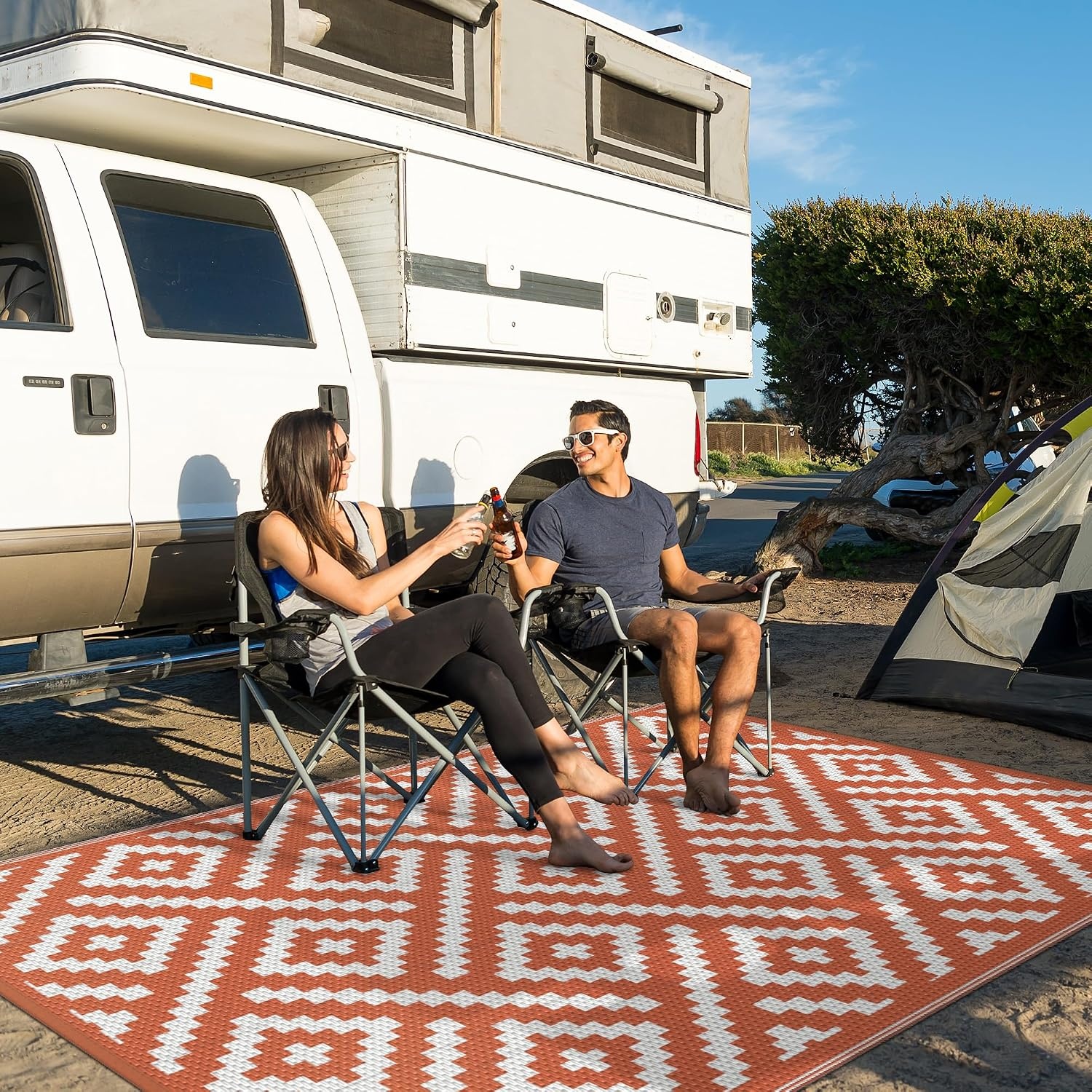 image:imageGENIMO Outdoor Rug for Patio Clearance 5x8 Reversible Plastic Straw Rugs Lightweight Waterproof RV Camping Mat for Camper Balcony Deck Backyard Picnic BlackBrownWhiteorange