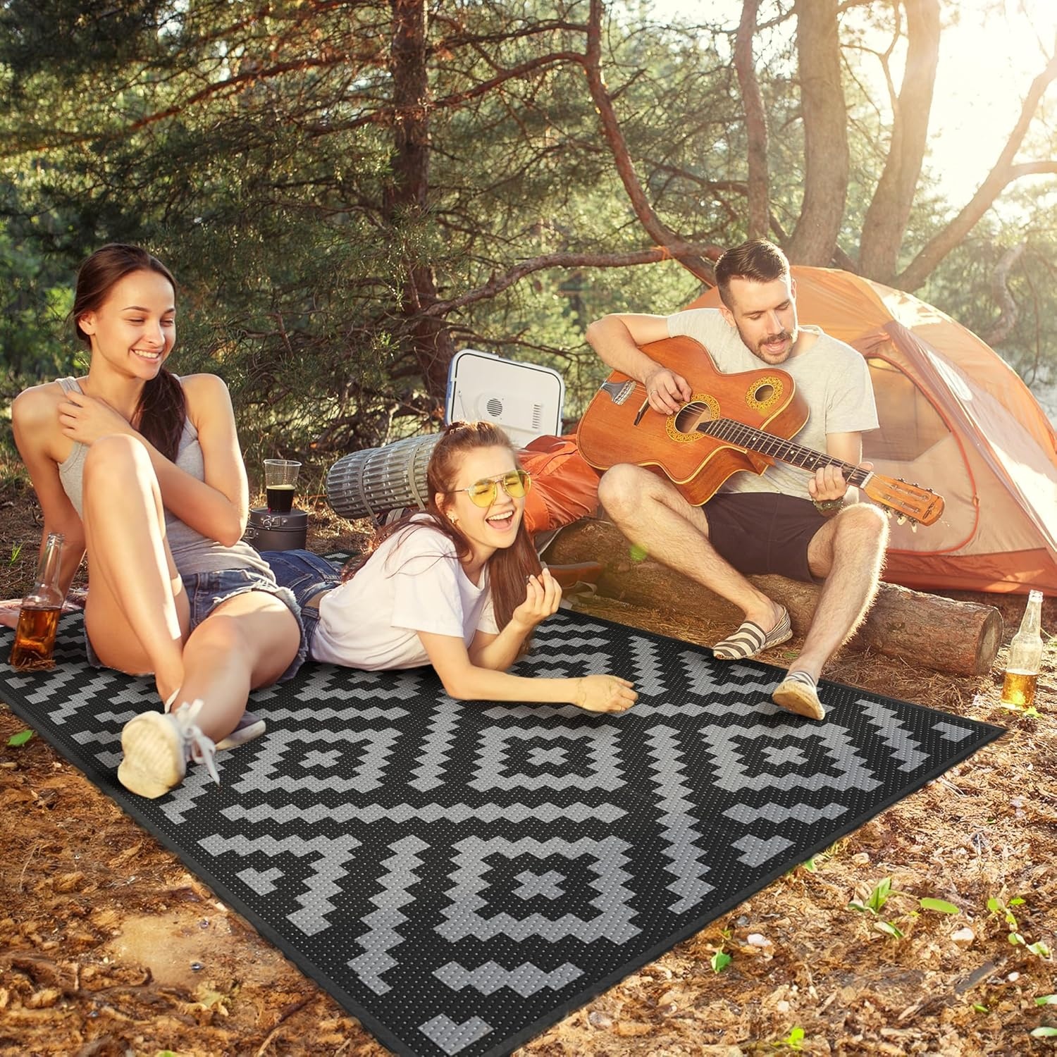 image:imageGENIMO Outdoor Rug for Patio Clearance 5x8 Reversible Plastic Straw Rugs Lightweight Waterproof RV Camping Mat for Camper Balcony Deck Backyard Picnic BlackBrownBlackgray