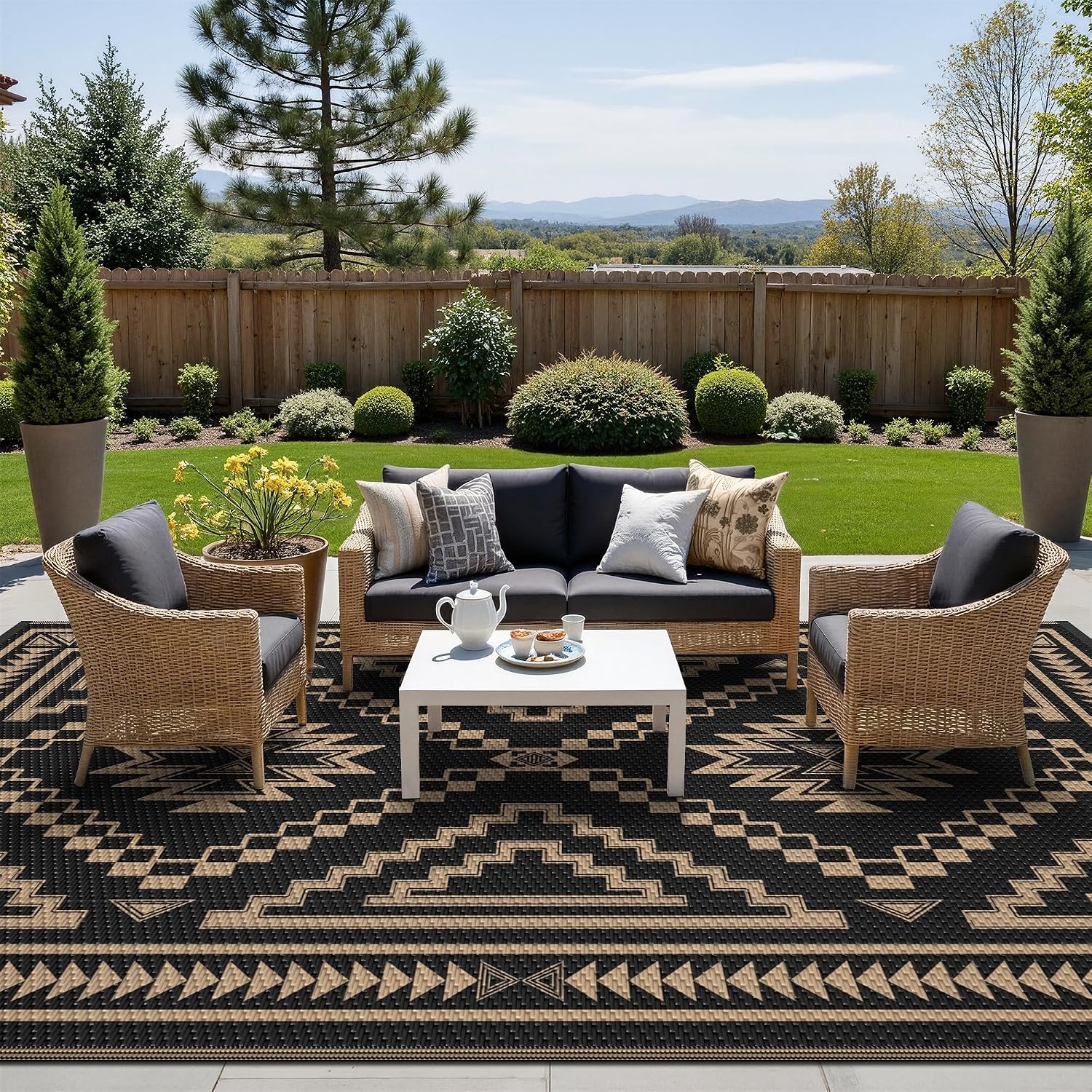 image:imageGENIMO Outdoor Rug for Patio Clearance 5x8 Reversible Plastic Straw Rugs Lightweight Waterproof RV Camping Mat for Camper Balcony Deck Backyard Picnic BlackBrownBlack Brown Aztec