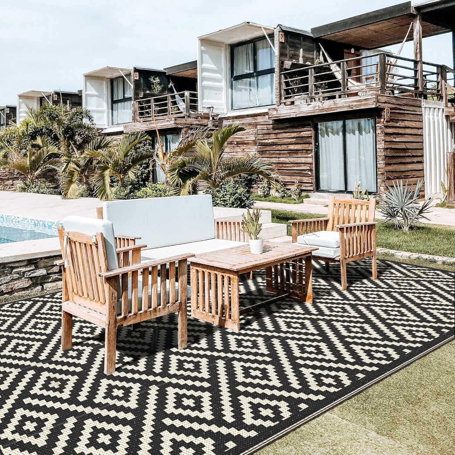 image:imageGENIMO Outdoor Rug for Patio Clearance 5x8 Reversible Plastic Straw Rugs Lightweight Waterproof RV Camping Mat for Camper Balcony Deck Backyard Picnic BlackBrownBlackbeige