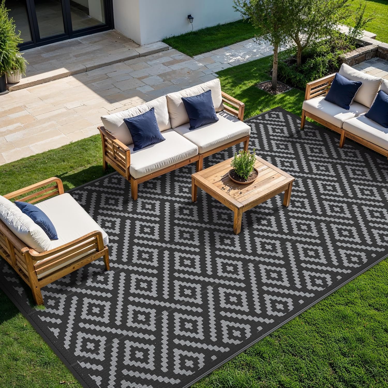 image:imageGENIMO Outdoor Rug for Patio Clearance 5x8 Reversible Plastic Straw Rugs Lightweight Waterproof RV Camping Mat for Camper Balcony Deck Backyard Picnic BlackBrownBlackgray