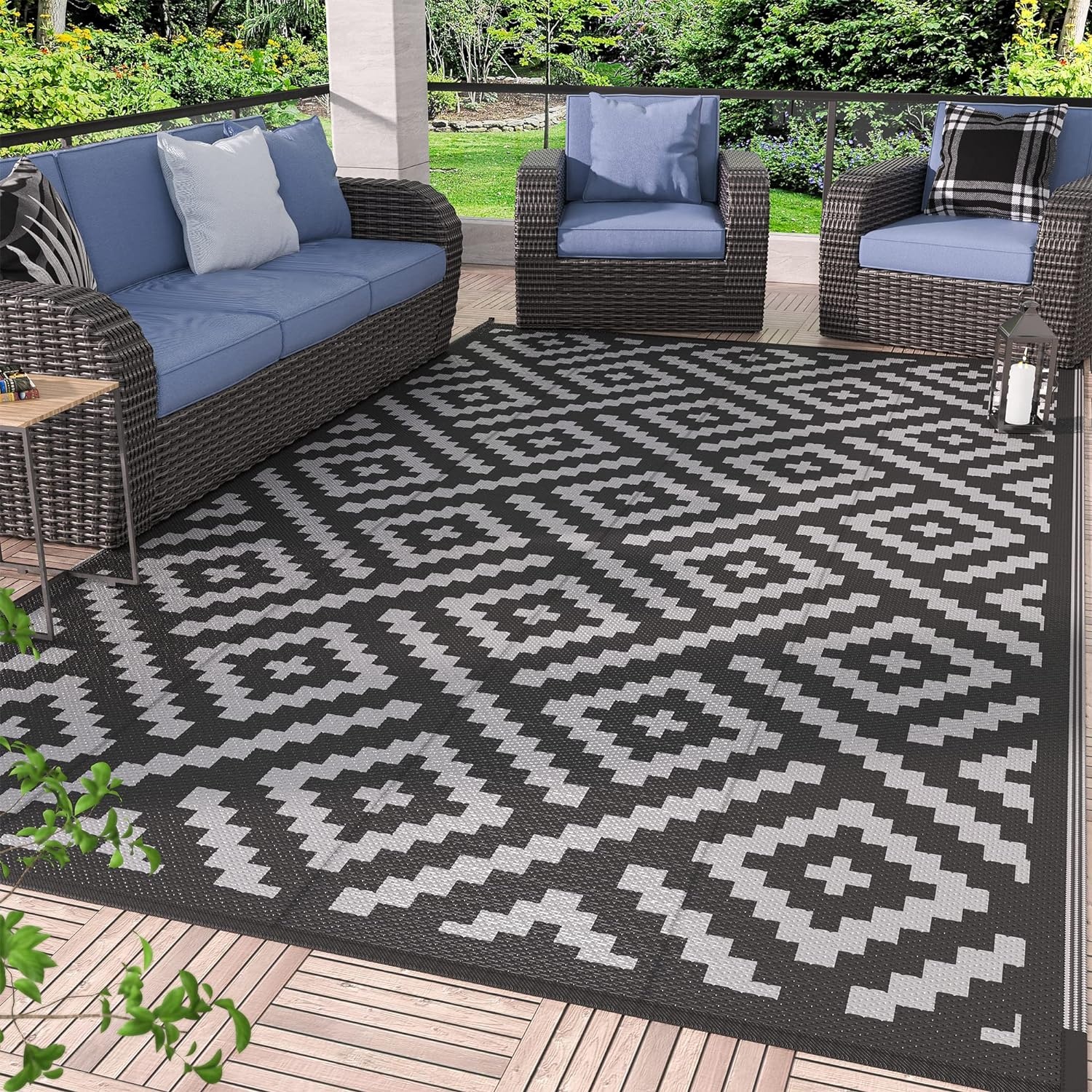 image:imageGENIMO Outdoor Rug for Patio Clearance 5x8 Reversible Plastic Straw Rugs Lightweight Waterproof RV Camping Mat for Camper Balcony Deck Backyard Picnic BlackBrownBlackgray