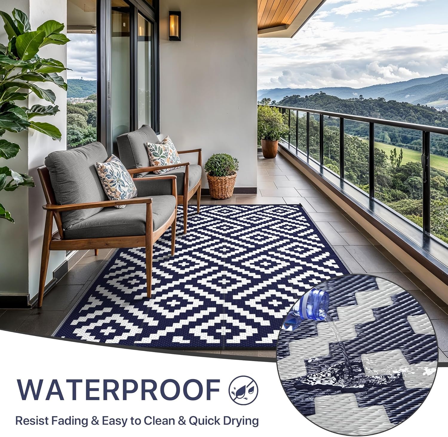 image:imageGENIMO Outdoor Rug for Patio Clearance 5x8 Reversible Plastic Straw Rugs Lightweight Waterproof RV Camping Mat for Camper Balcony Deck Backyard Picnic BlackBrownNavy Bluewhite