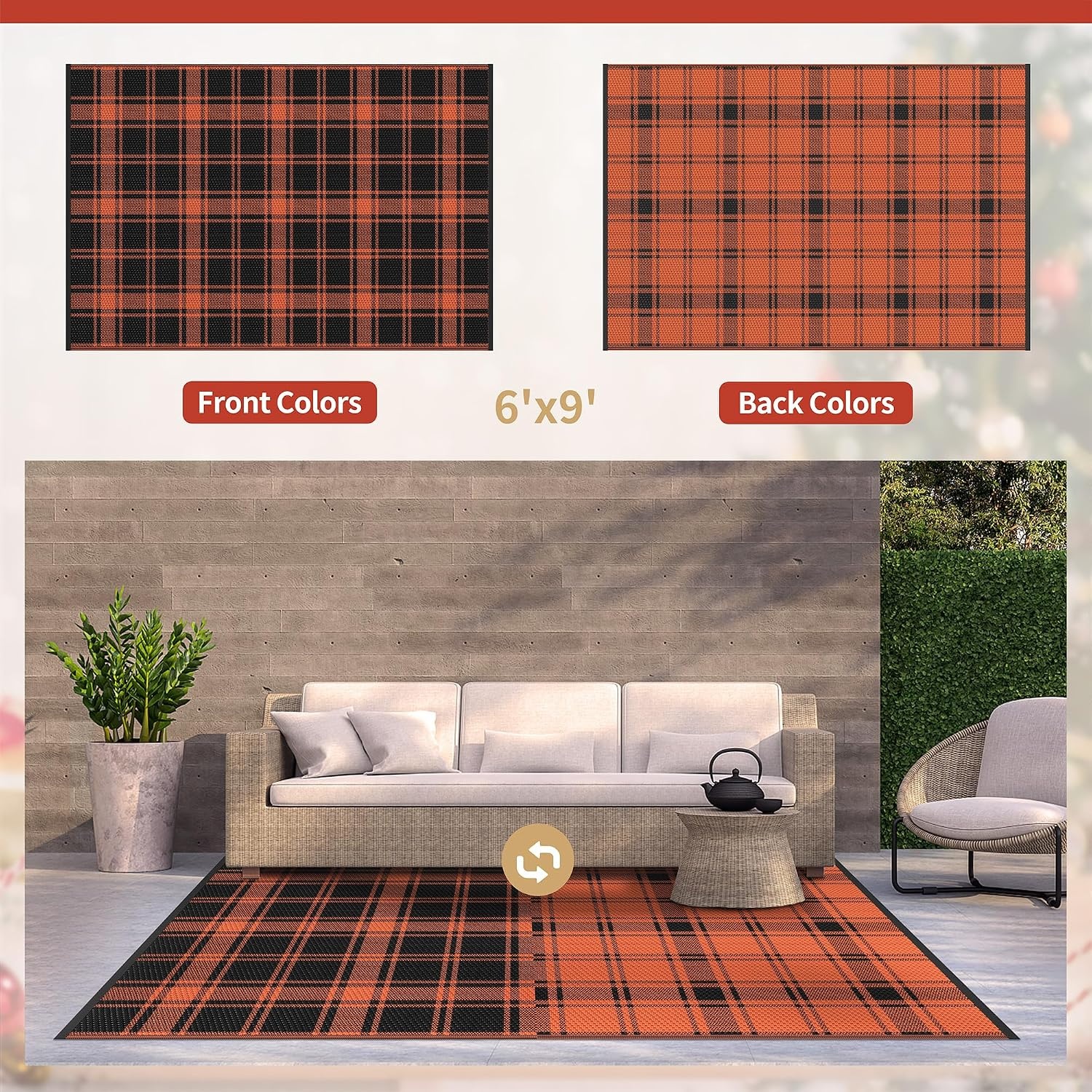 image:imageGENIMO Outdoor Rug for Patio Clearance 5x8 Reversible Plastic Straw Rugs Lightweight Waterproof RV Camping Mat for Camper Balcony Deck Backyard Picnic BlackBrownBlack Orange Plaid