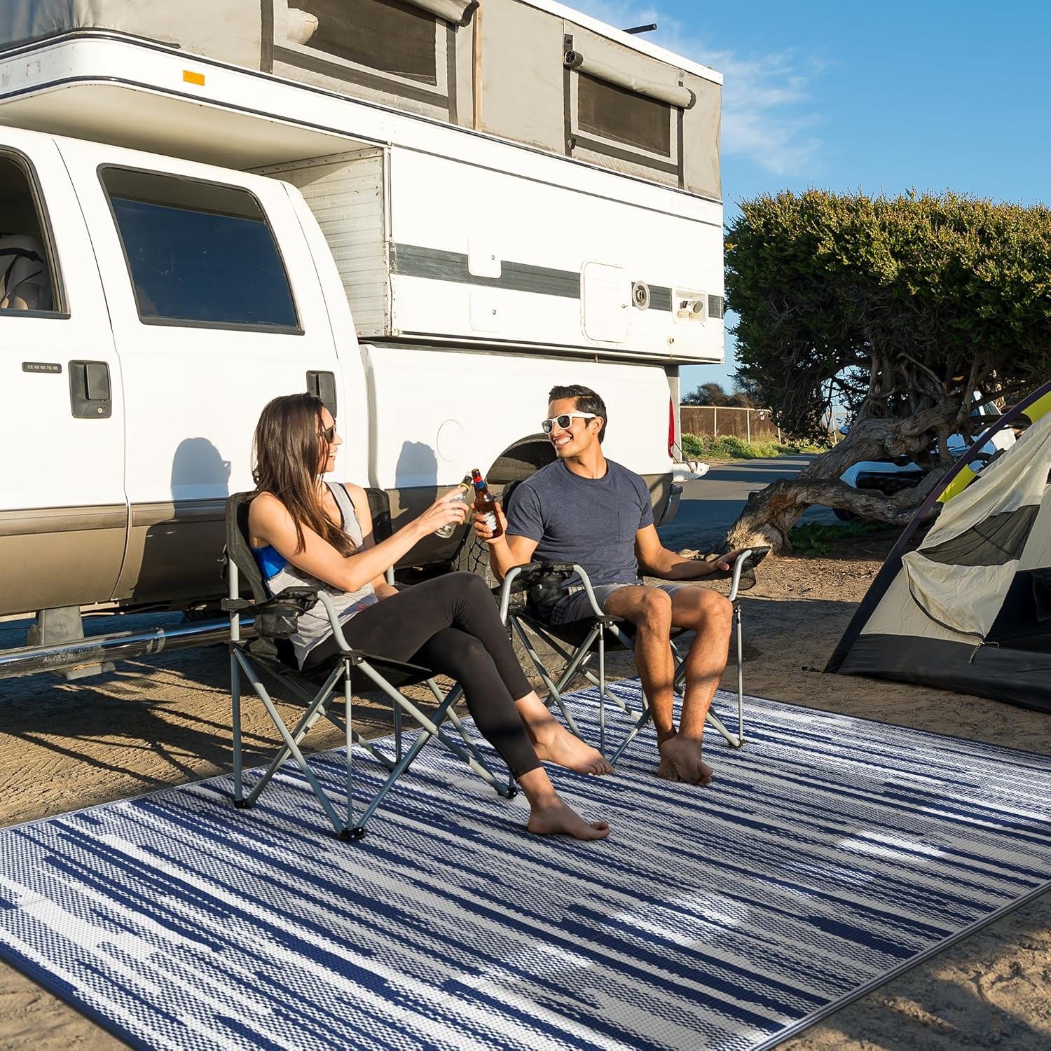 image:imageGENIMO Outdoor Rug for Patio Clearance 5x8 Reversible Plastic Straw Rugs Lightweight Waterproof RV Camping Mat for Camper Balcony Deck Backyard Picnic BlackBrownCloud Blue