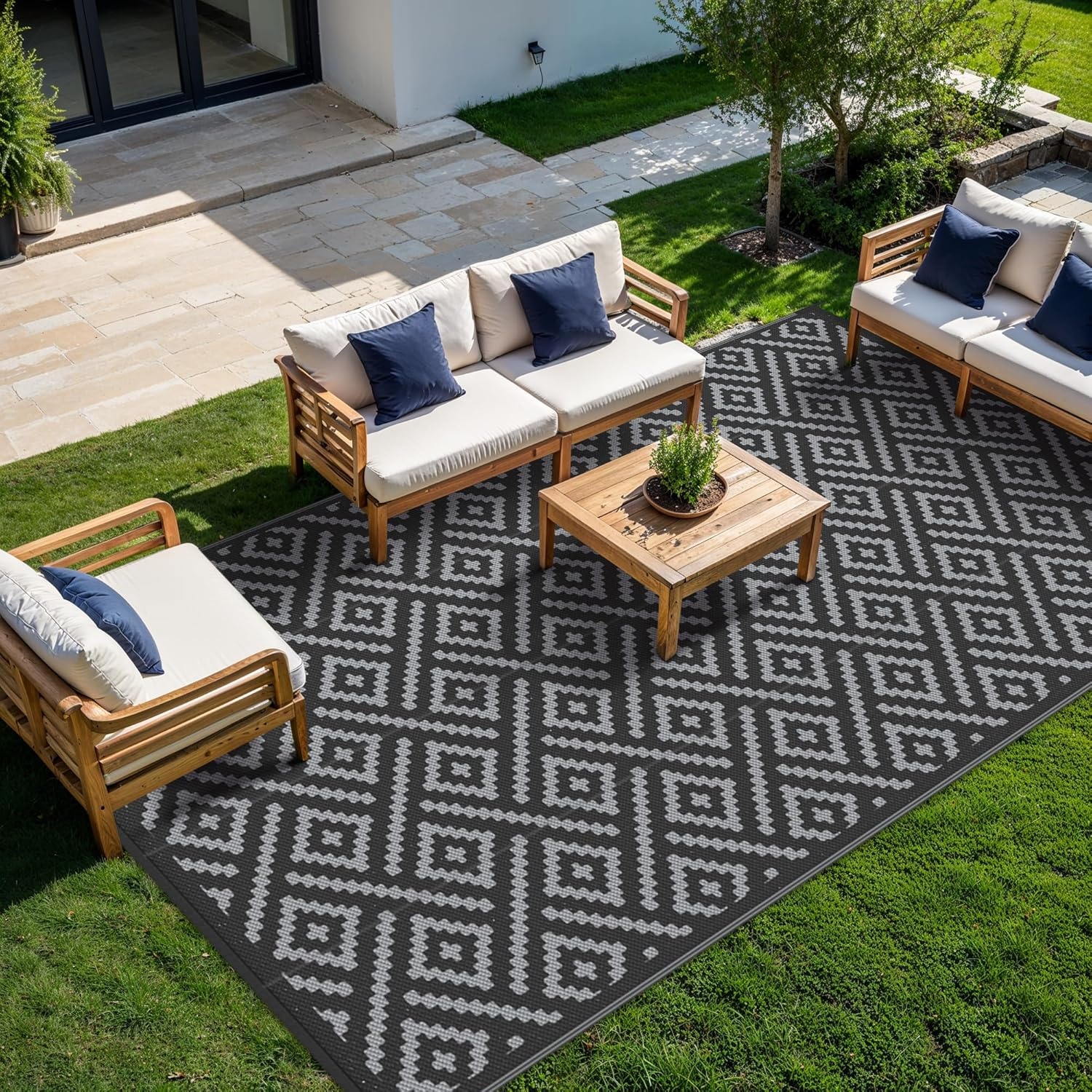 image:imageGENIMO Outdoor Rug for Patio Clearance 5x8 Reversible Plastic Straw Rugs Lightweight Waterproof RV Camping Mat for Camper Balcony Deck Backyard Picnic BlackBrownBlackgray