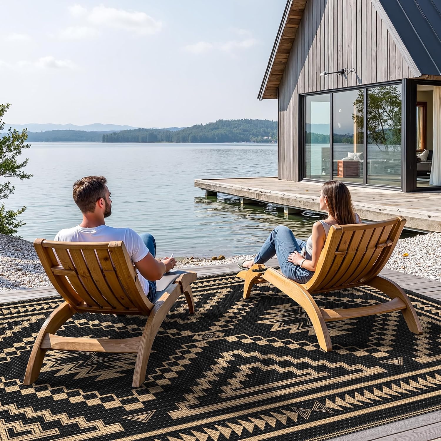 image:imageGENIMO Outdoor Rug for Patio Clearance 5x8 Reversible Plastic Straw Rugs Lightweight Waterproof RV Camping Mat for Camper Balcony Deck Backyard Picnic BlackBrownBlack Brown Aztec