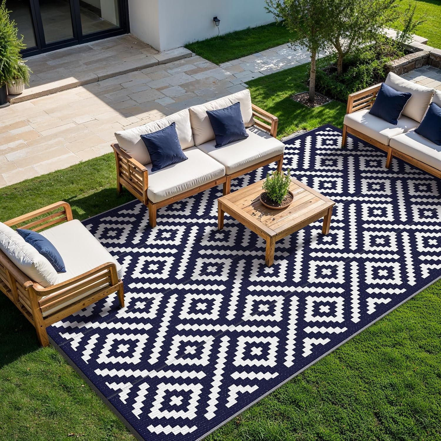 image:imageGENIMO Outdoor Rug for Patio Clearance 5x8 Reversible Plastic Straw Rugs Lightweight Waterproof RV Camping Mat for Camper Balcony Deck Backyard Picnic BlackBrownNavy Bluewhite