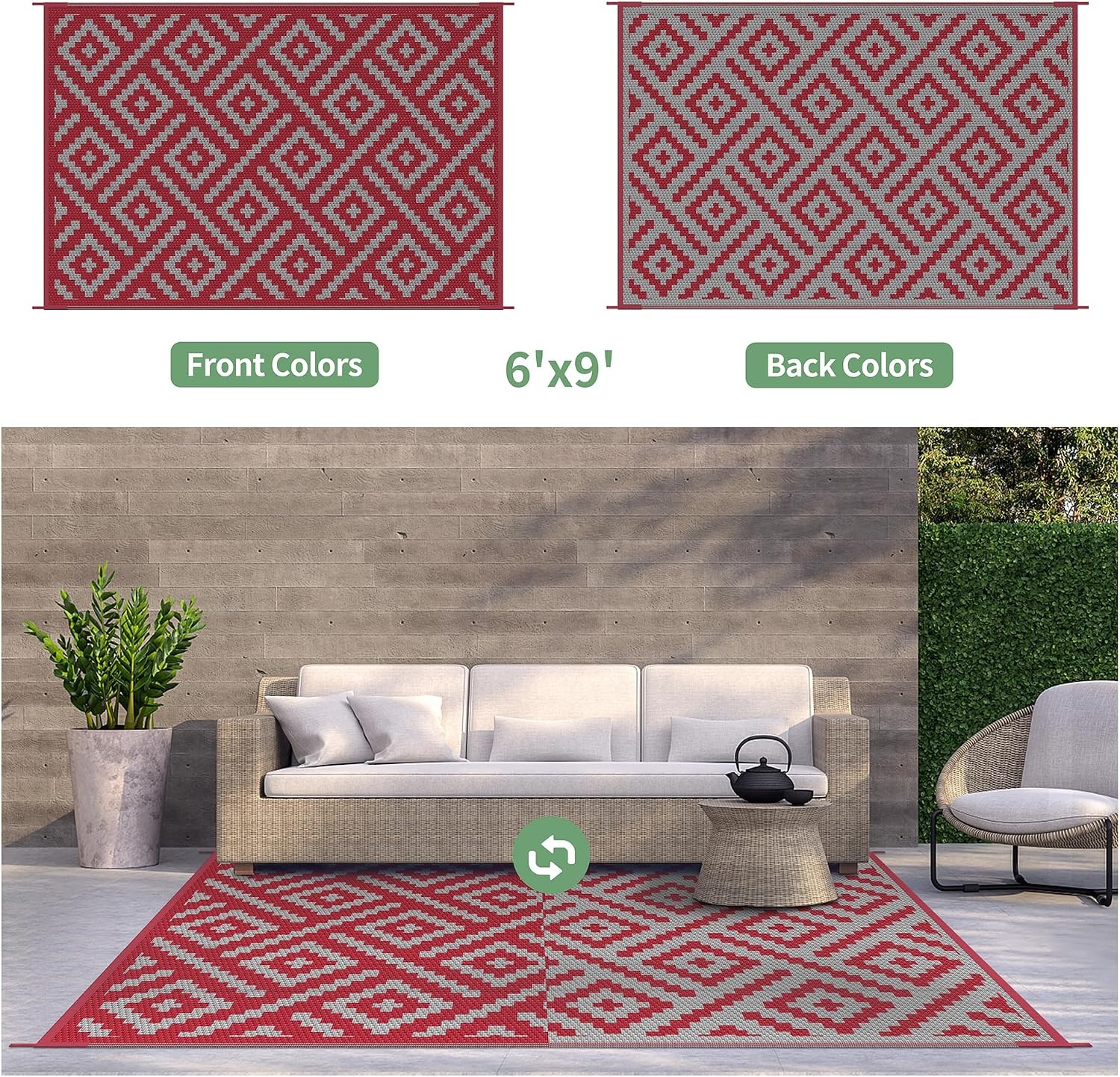 image:imageGENIMO Outdoor Rug for Patio Clearance 5x8 Reversible Plastic Straw Rugs Lightweight Waterproof RV Camping Mat for Camper Balcony Deck Backyard Picnic BlackBrownRed Grey