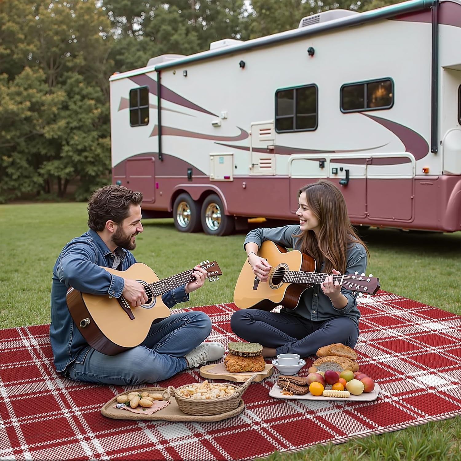 image:imageGENIMO Outdoor Rug for Patio Clearance 5x8 Reversible Plastic Straw Rugs Lightweight Waterproof RV Camping Mat for Camper Balcony Deck Backyard Picnic BlackBrownRed White Plaid