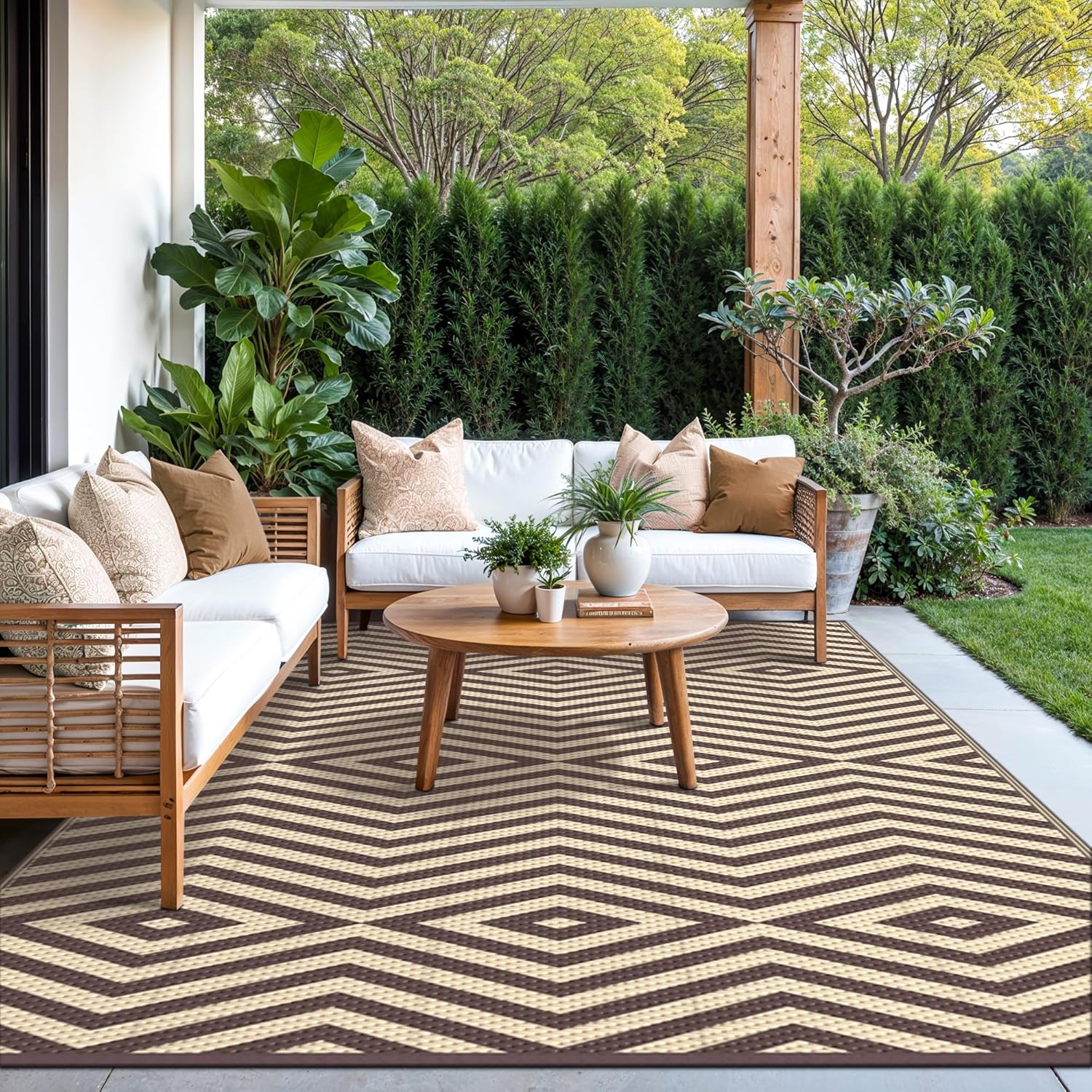image:imageGENIMO Outdoor Rug for Patio Clearance 5x8 Reversible Plastic Straw Rugs Lightweight Waterproof RV Camping Mat for Camper Balcony Deck Backyard Picnic BlackBrownMocha Beige