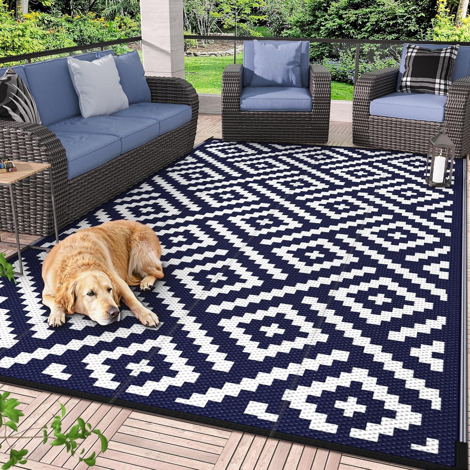 image:imageGENIMO Outdoor Rug for Patio Clearance 5x8 Reversible Plastic Straw Rugs Lightweight Waterproof RV Camping Mat for Camper Balcony Deck Backyard Picnic BlackBrownNavy Bluewhite