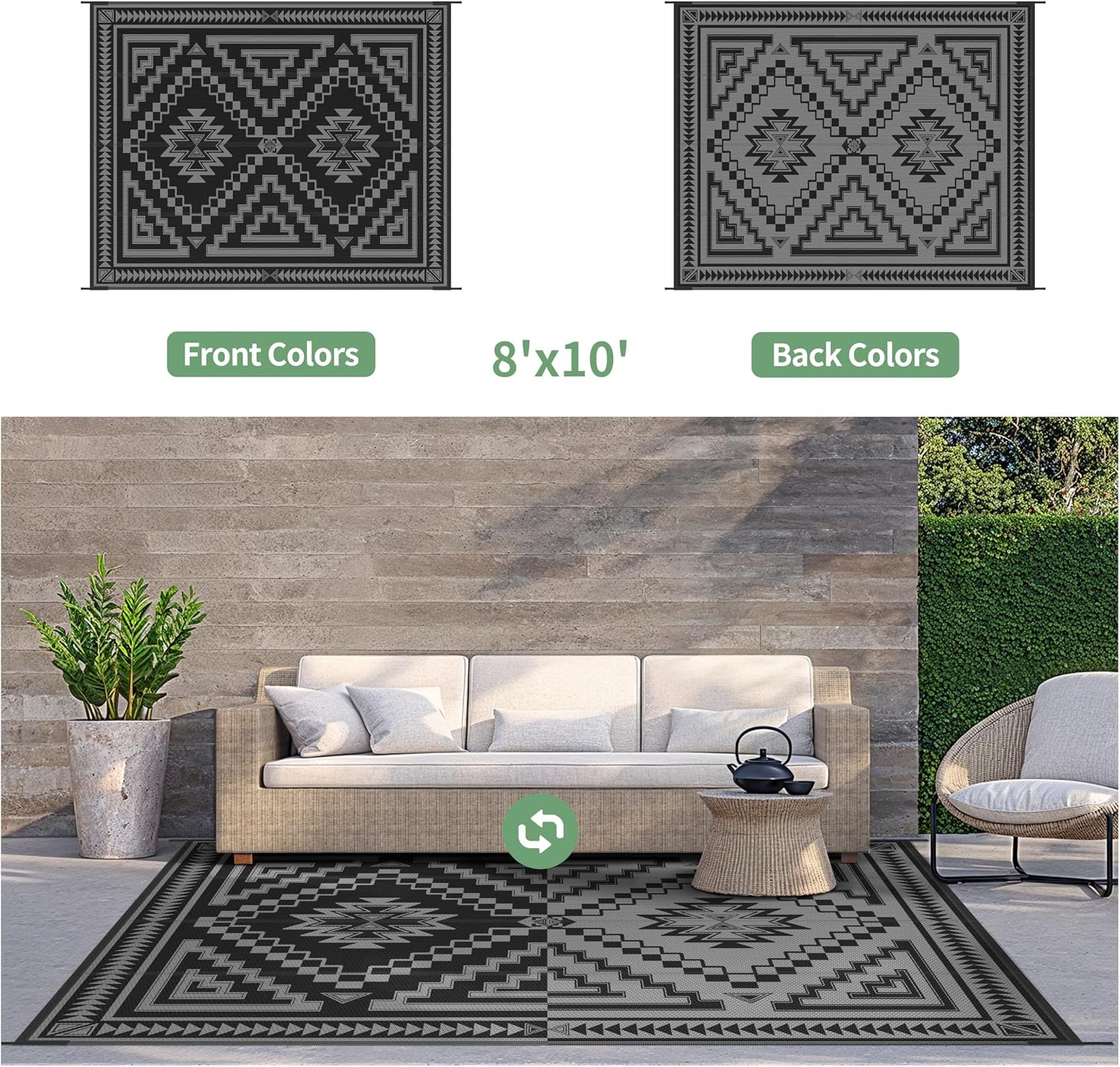 image:imageGENIMO Outdoor Rug for Patio Clearance 5x8 Reversible Plastic Straw Rugs Lightweight Waterproof RV Camping Mat for Camper Balcony Deck Backyard Picnic BlackBrownBlack Grey Aztec