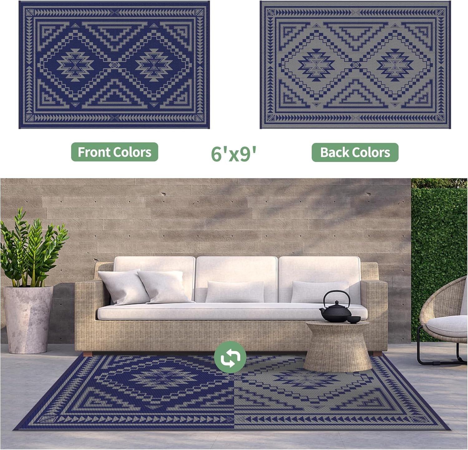 image:imageGENIMO Outdoor Rug for Patio Clearance 5x8 Reversible Plastic Straw Rugs Lightweight Waterproof RV Camping Mat for Camper Balcony Deck Backyard Picnic BlackBrownBlue Grey Aztec