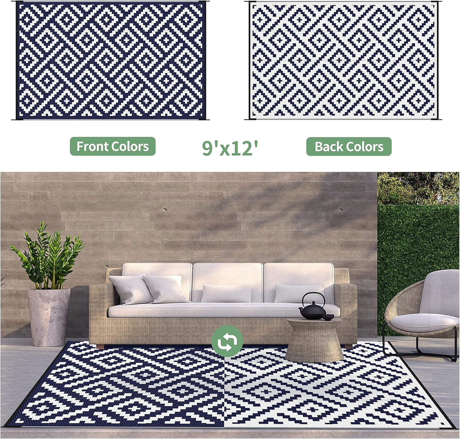 image:imageGENIMO Outdoor Rug for Patio Clearance 5x8 Reversible Plastic Straw Rugs Lightweight Waterproof RV Camping Mat for Camper Balcony Deck Backyard Picnic BlackBrownNavy Bluewhite