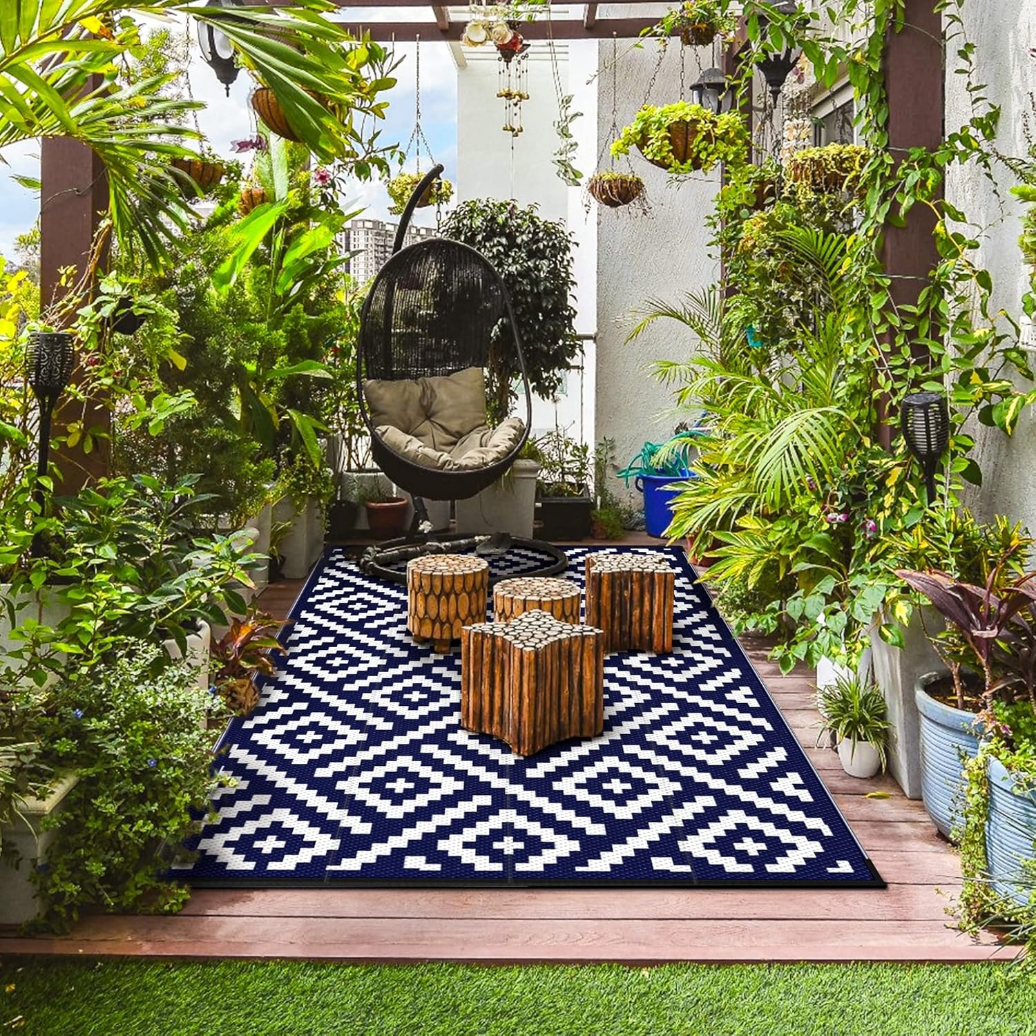 image:imageGENIMO Outdoor Rug for Patio Clearance 5x8 Reversible Plastic Straw Rugs Lightweight Waterproof RV Camping Mat for Camper Balcony Deck Backyard Picnic BlackBrownNavy Bluewhite