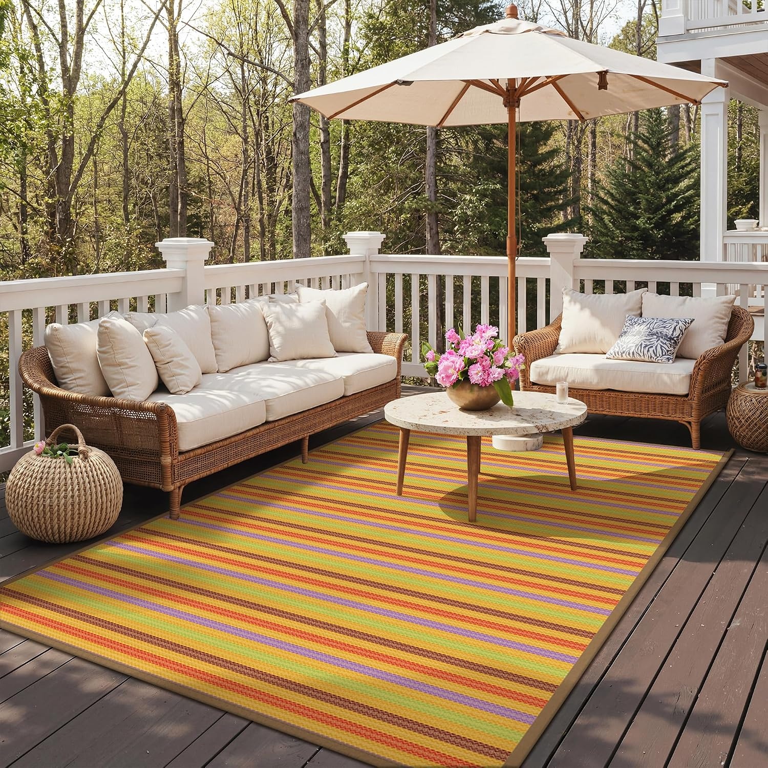 image:imageGENIMO Outdoor Rug for Patio Clearance 5x8 Reversible Plastic Straw Rugs Lightweight Waterproof RV Camping Mat for Camper Balcony Deck Backyard Picnic BlackBrownRainbow