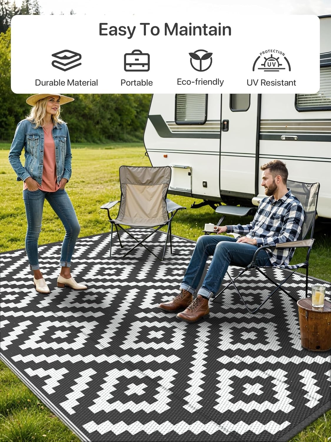 image:imageGENIMO Outdoor Rug for Patio Clearance 5x8 Reversible Plastic Straw Rugs Lightweight Waterproof RV Camping Mat for Camper Balcony Deck Backyard Picnic BlackBrownBlackwhite