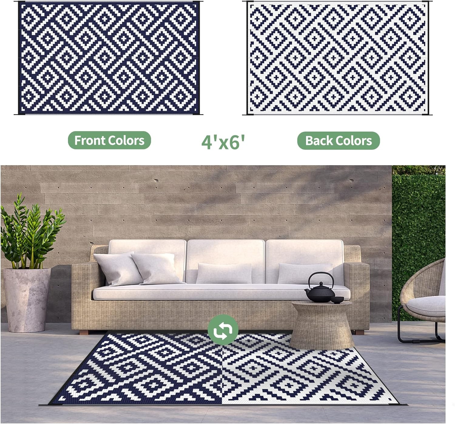 image:imageGENIMO Outdoor Rug for Patio Clearance 5x8 Reversible Plastic Straw Rugs Lightweight Waterproof RV Camping Mat for Camper Balcony Deck Backyard Picnic BlackBrownNavy Bluewhite