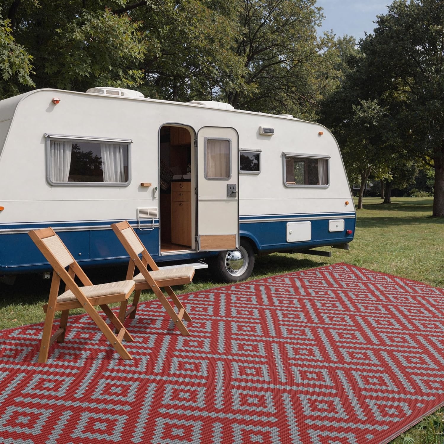 image:imageGENIMO Outdoor Rug for Patio Clearance 5x8 Reversible Plastic Straw Rugs Lightweight Waterproof RV Camping Mat for Camper Balcony Deck Backyard Picnic BlackBrownRed Grey