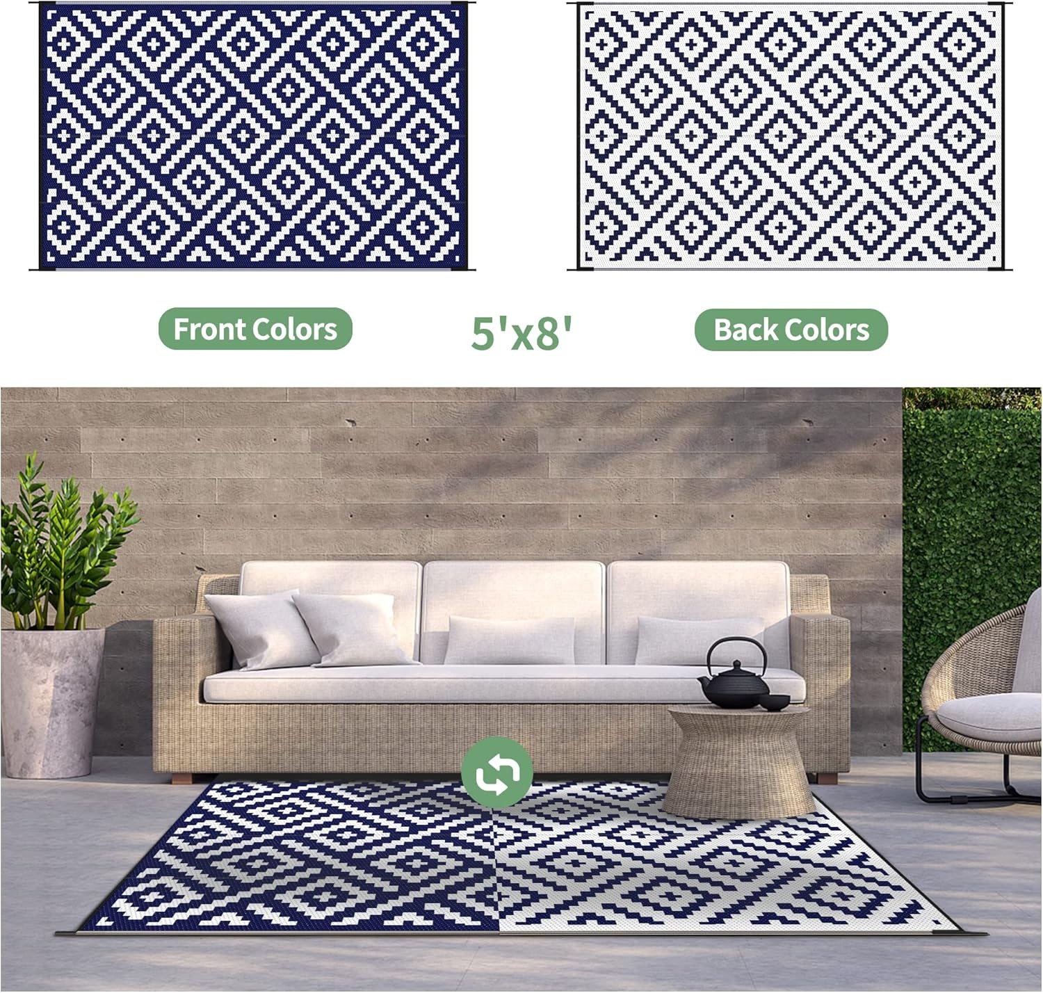 image:imageGENIMO Outdoor Rug for Patio Clearance 5x8 Reversible Plastic Straw Rugs Lightweight Waterproof RV Camping Mat for Camper Balcony Deck Backyard Picnic BlackBrownNavy Bluewhite
