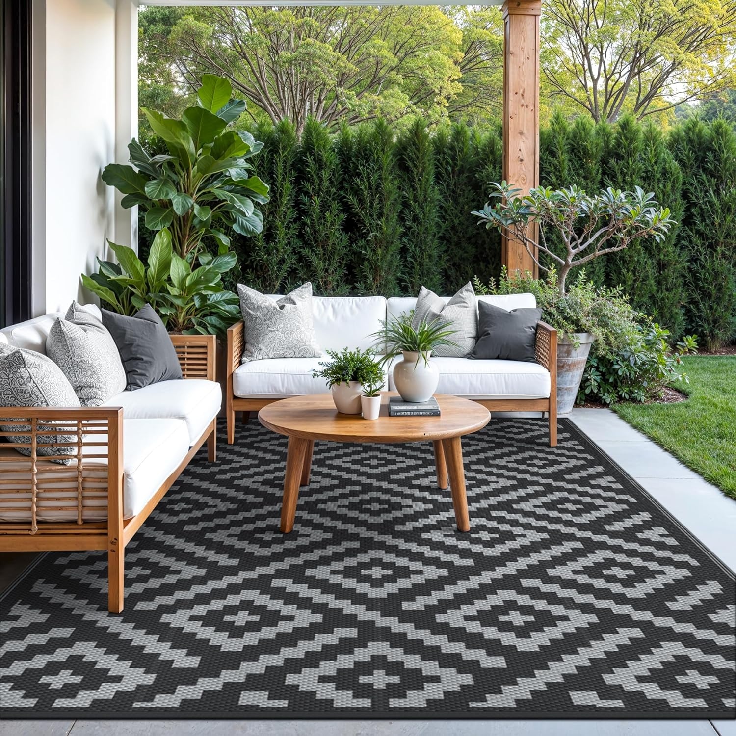 image:imageGENIMO Outdoor Rug for Patio Clearance 5x8 Reversible Plastic Straw Rugs Lightweight Waterproof RV Camping Mat for Camper Balcony Deck Backyard Picnic BlackBrownBlackgray