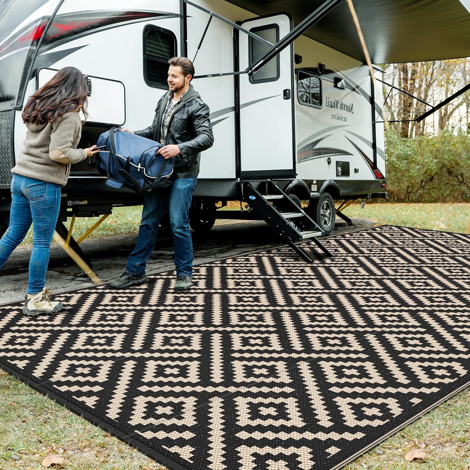 image:imageGENIMO Outdoor Rug for Patio Clearance 5x8 Reversible Plastic Straw Rugs Lightweight Waterproof RV Camping Mat for Camper Balcony Deck Backyard Picnic BlackBrownBlackbeige