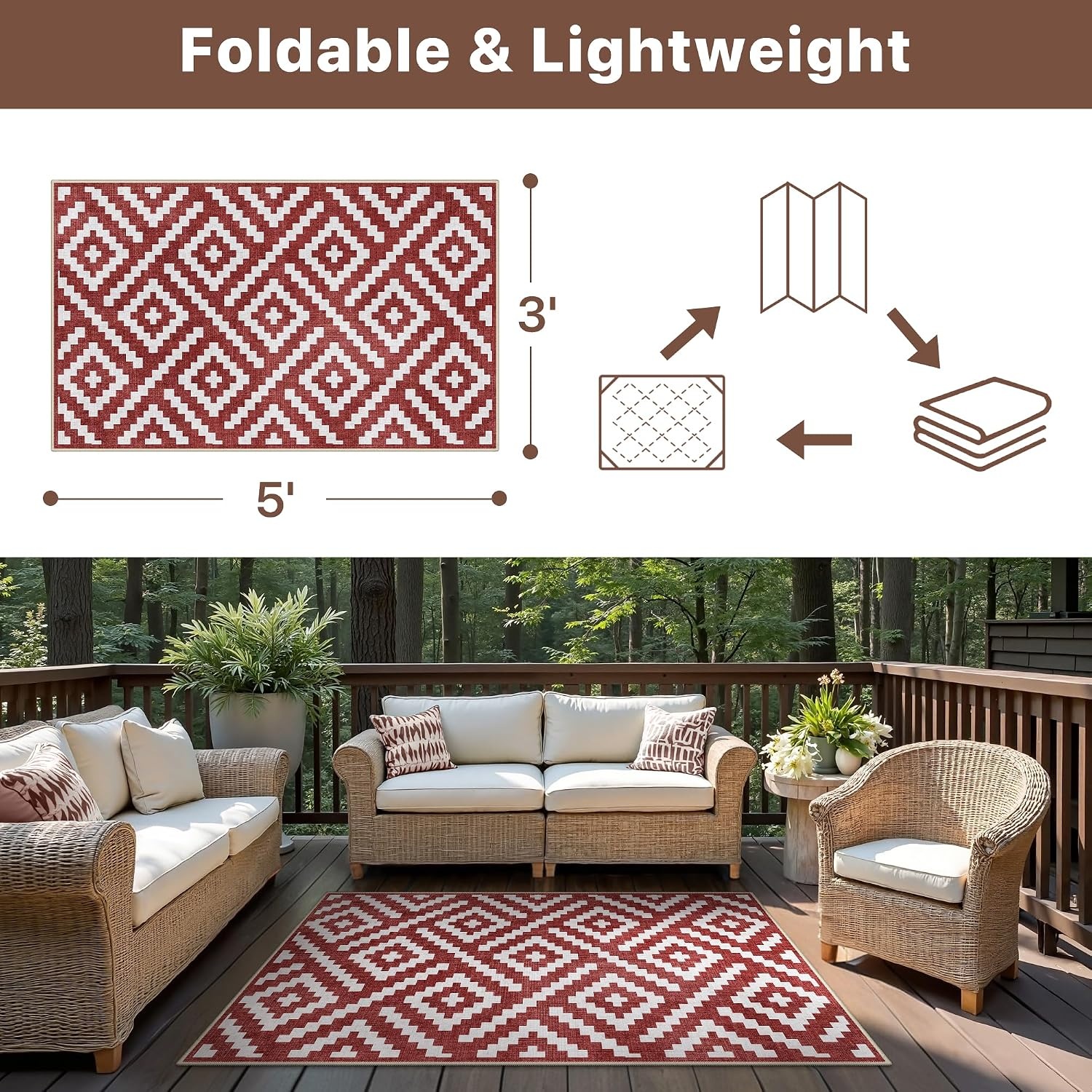 image:imageGENIMO Outdoor Rug for Patio Clearance 5x8 Reversible Plastic Straw Rugs Lightweight Waterproof RV Camping Mat for Camper Balcony Deck Backyard Picnic BlackBrownRuby White