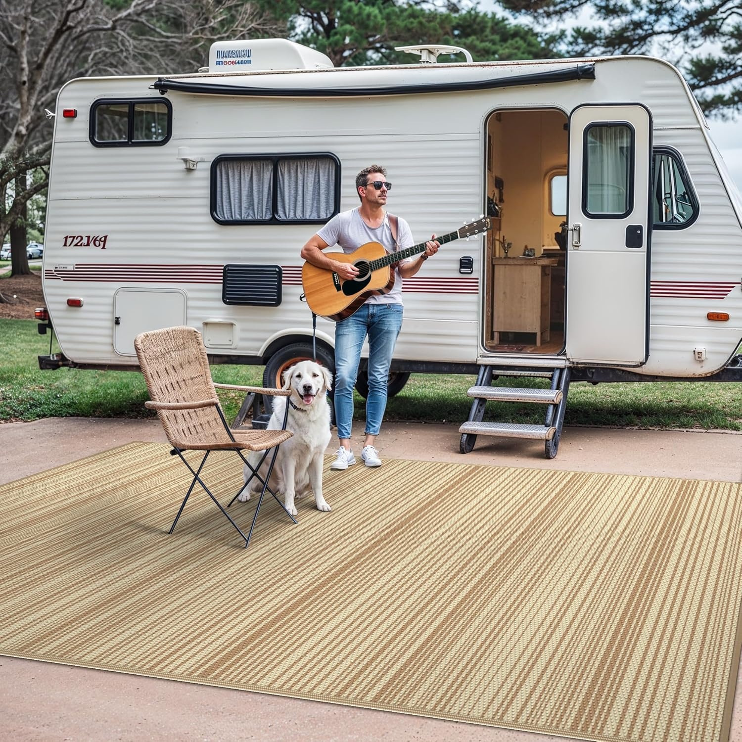 image:imageGENIMO Outdoor Rug for Patio Clearance 5x8 Reversible Plastic Straw Rugs Lightweight Waterproof RV Camping Mat for Camper Balcony Deck Backyard Picnic BlackBrownLightcoffeebeige