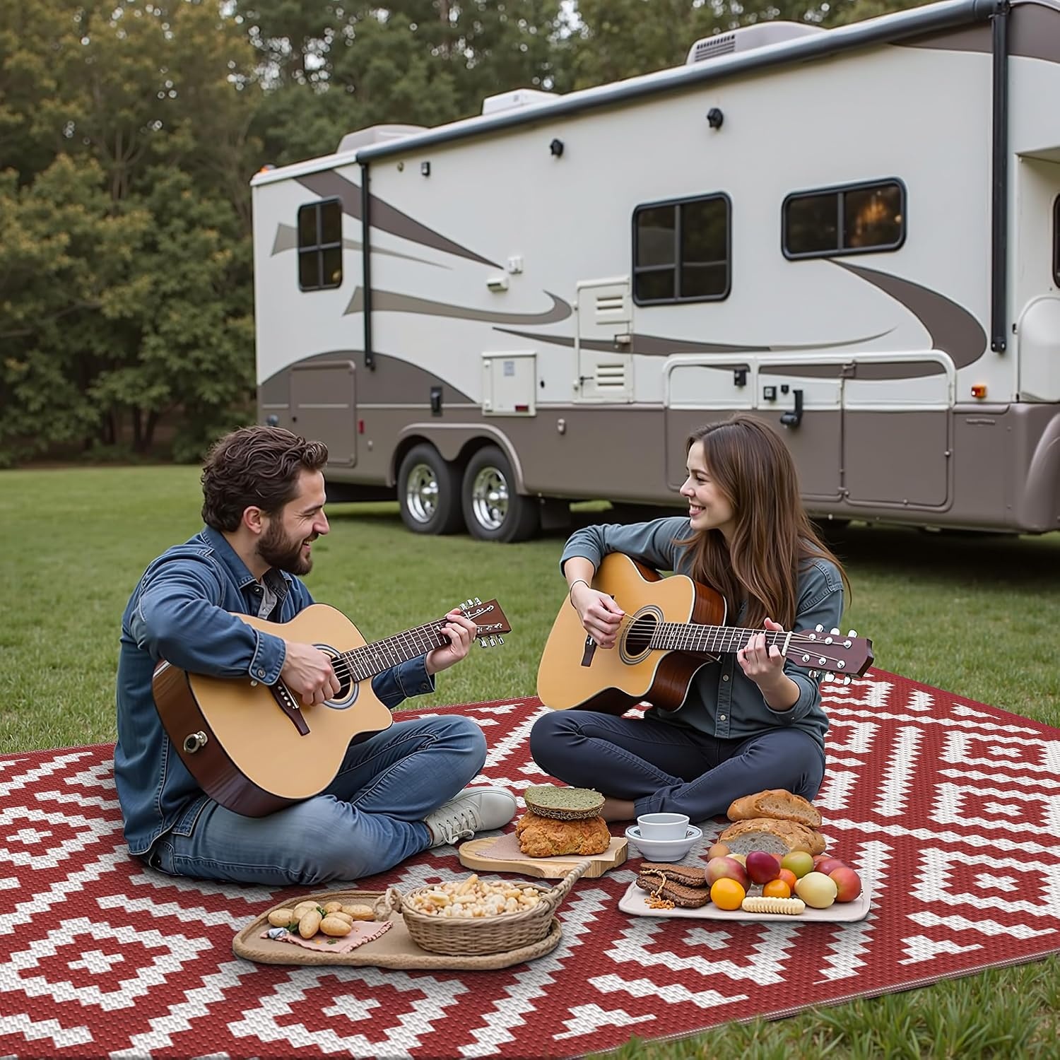 image:imageGENIMO Outdoor Rug for Patio Clearance 5x8 Reversible Plastic Straw Rugs Lightweight Waterproof RV Camping Mat for Camper Balcony Deck Backyard Picnic BlackBrownRed White