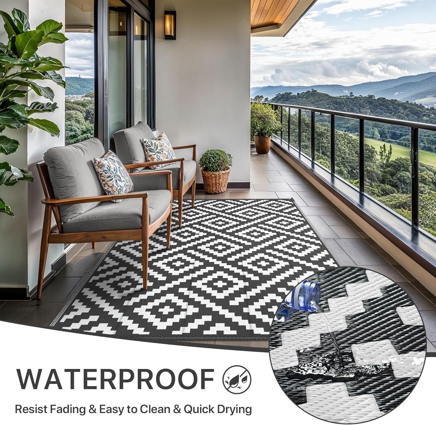 image:imageGENIMO Outdoor Rug for Patio Clearance 5x8 Reversible Plastic Straw Rugs Lightweight Waterproof RV Camping Mat for Camper Balcony Deck Backyard Picnic BlackBrownBlackwhite