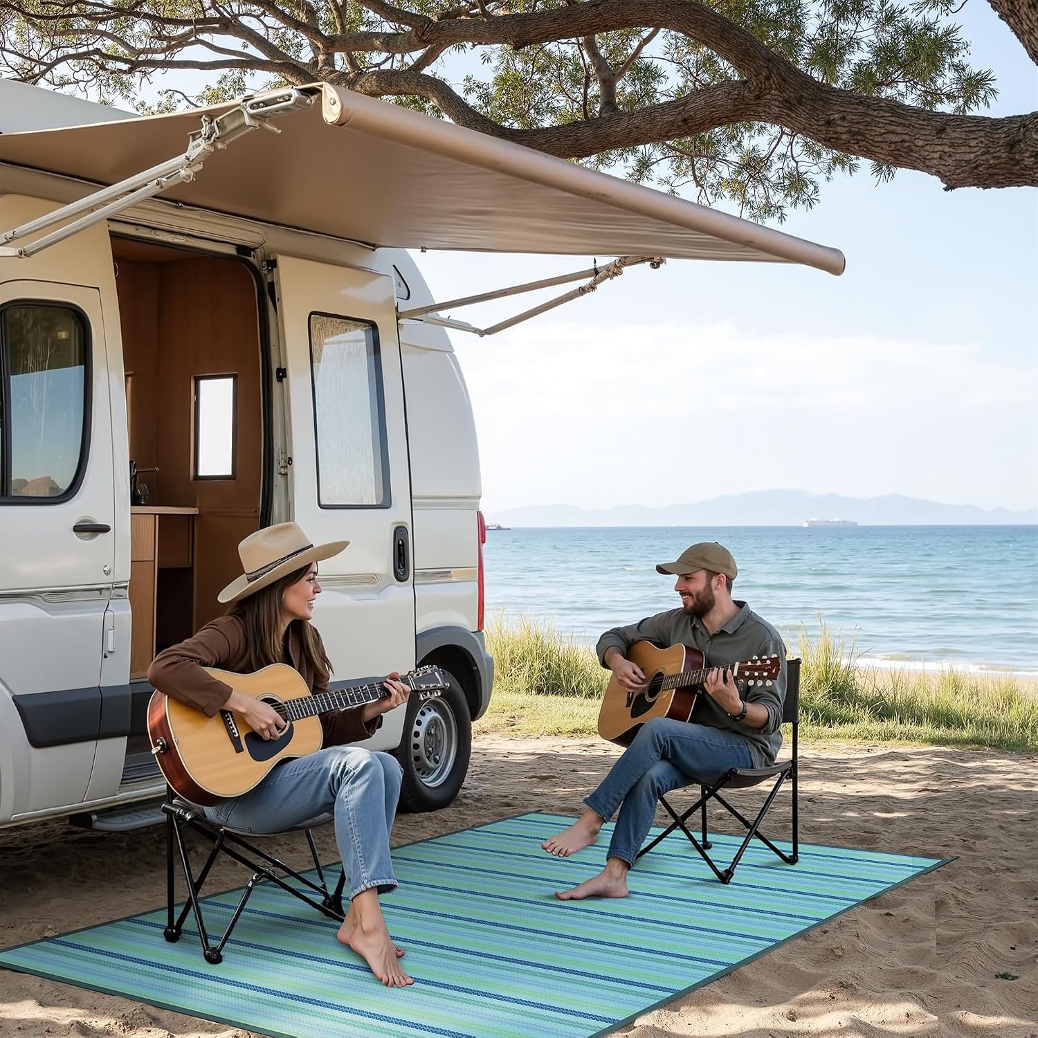 image:imageGENIMO Outdoor Rug for Patio Clearance 5x8 Reversible Plastic Straw Rugs Lightweight Waterproof RV Camping Mat for Camper Balcony Deck Backyard Picnic BlackBrownLightblue