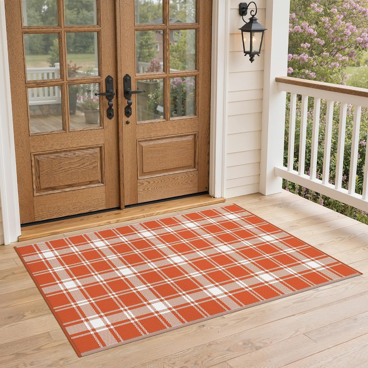 image:imageGENIMO Outdoor Rug for Patio Clearance 5x8 Reversible Plastic Straw Rugs Lightweight Waterproof RV Camping Mat for Camper Balcony Deck Backyard Picnic BlackBrownOrange White Plaid
