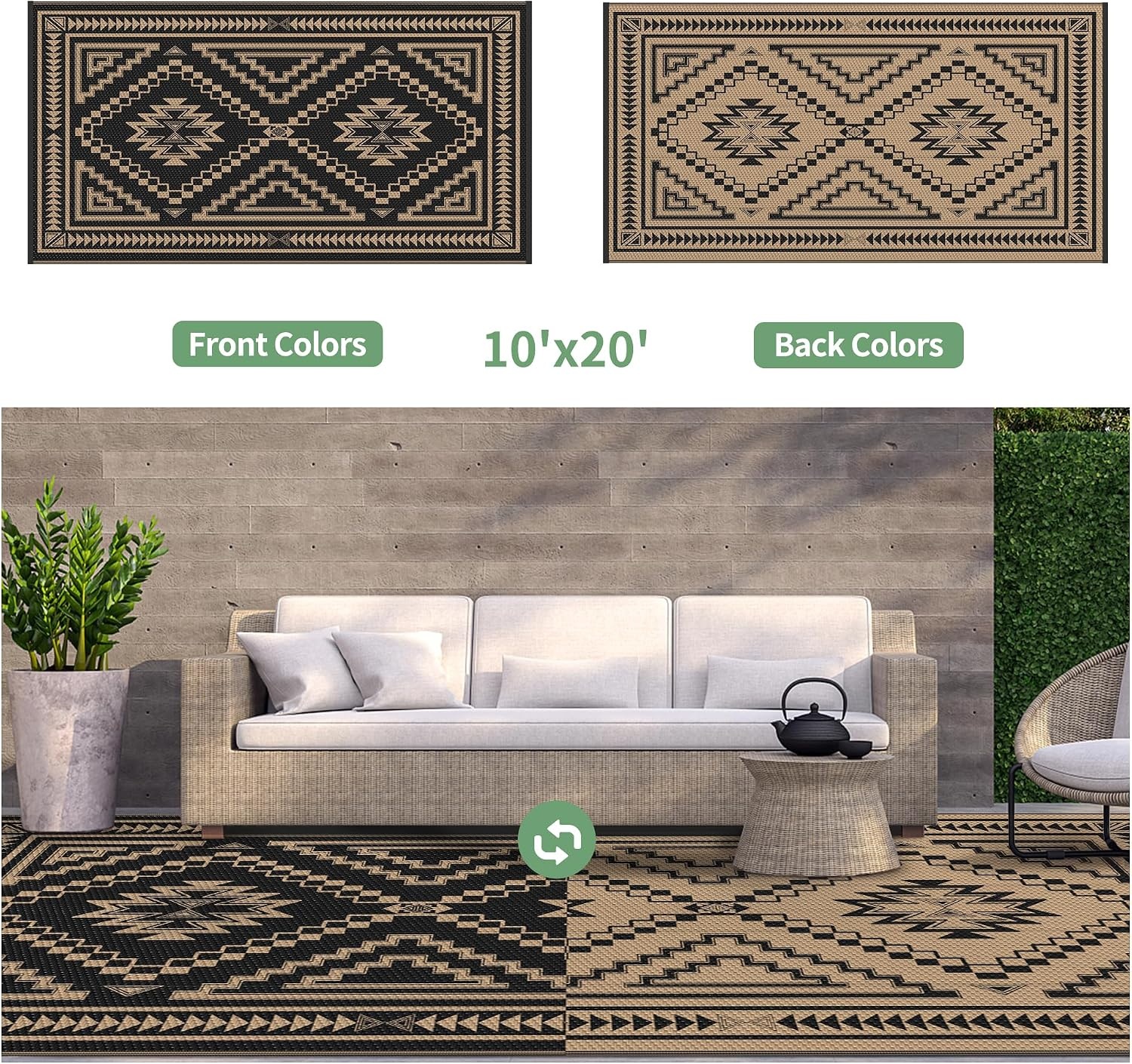 image:imageGENIMO Outdoor Rug for Patio Clearance 5x8 Reversible Plastic Straw Rugs Lightweight Waterproof RV Camping Mat for Camper Balcony Deck Backyard Picnic BlackBrownBlack Brown Aztec