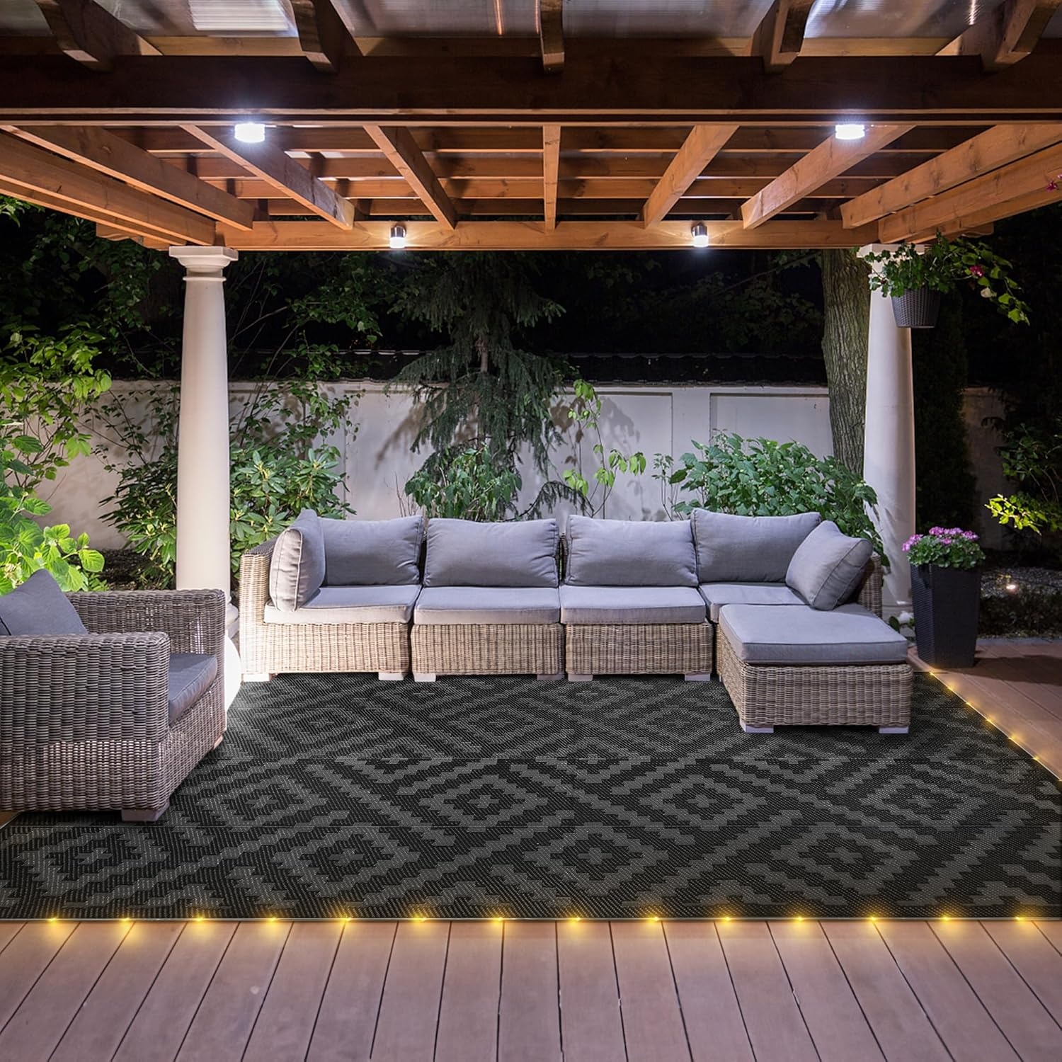image:imageGENIMO Outdoor Rug for Patio Clearance 5x8 Reversible Plastic Straw Rugs Lightweight Waterproof RV Camping Mat for Camper Balcony Deck Backyard Picnic BlackBrownBlackgray Led