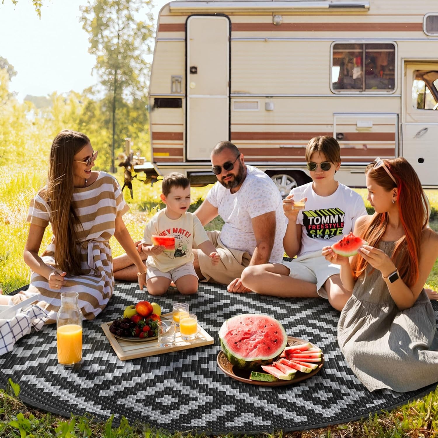 image:imageGENIMO Outdoor Rug for Patio Clearance 5x8 Reversible Plastic Straw Rugs Lightweight Waterproof RV Camping Mat for Camper Balcony Deck Backyard Picnic BlackBrownBlackgray