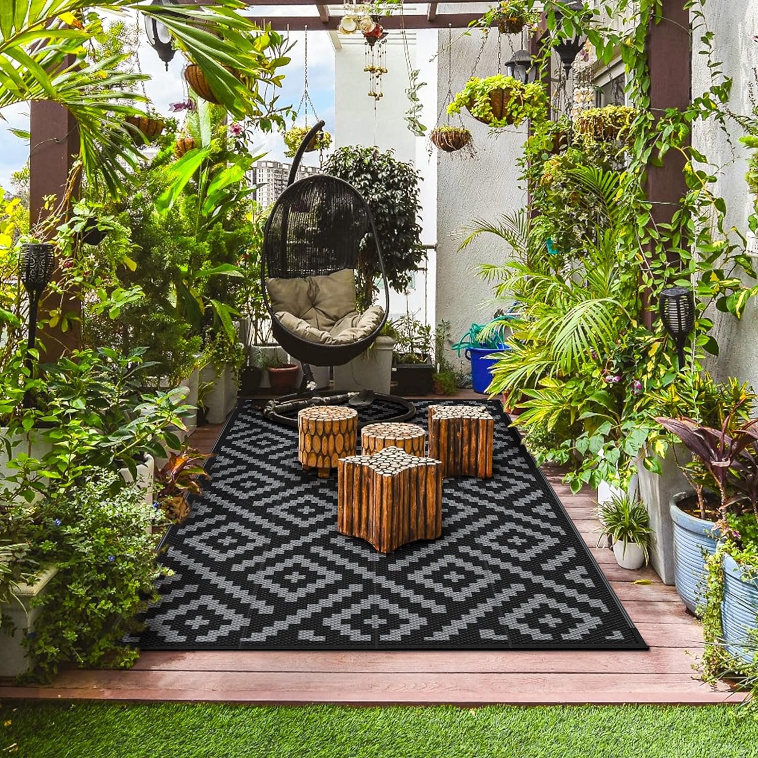 image:imageGENIMO Outdoor Rug for Patio Clearance 5x8 Reversible Plastic Straw Rugs Lightweight Waterproof RV Camping Mat for Camper Balcony Deck Backyard Picnic BlackBrownBlackgray