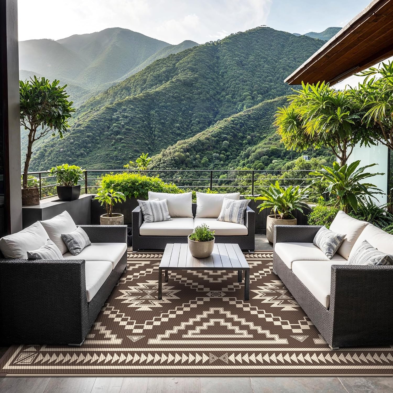 image:imageGENIMO Outdoor Rug for Patio Clearance 5x8 Reversible Plastic Straw Rugs Lightweight Waterproof RV Camping Mat for Camper Balcony Deck Backyard Picnic BlackBrownCoffee Beige Aztec