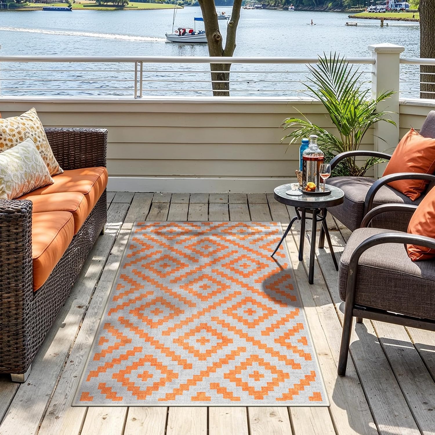 image:imageGENIMO Outdoor Rug for Patio Clearance 5x8 Reversible Plastic Straw Rugs Lightweight Waterproof RV Camping Mat for Camper Balcony Deck Backyard Picnic BlackBrownOrange Grey