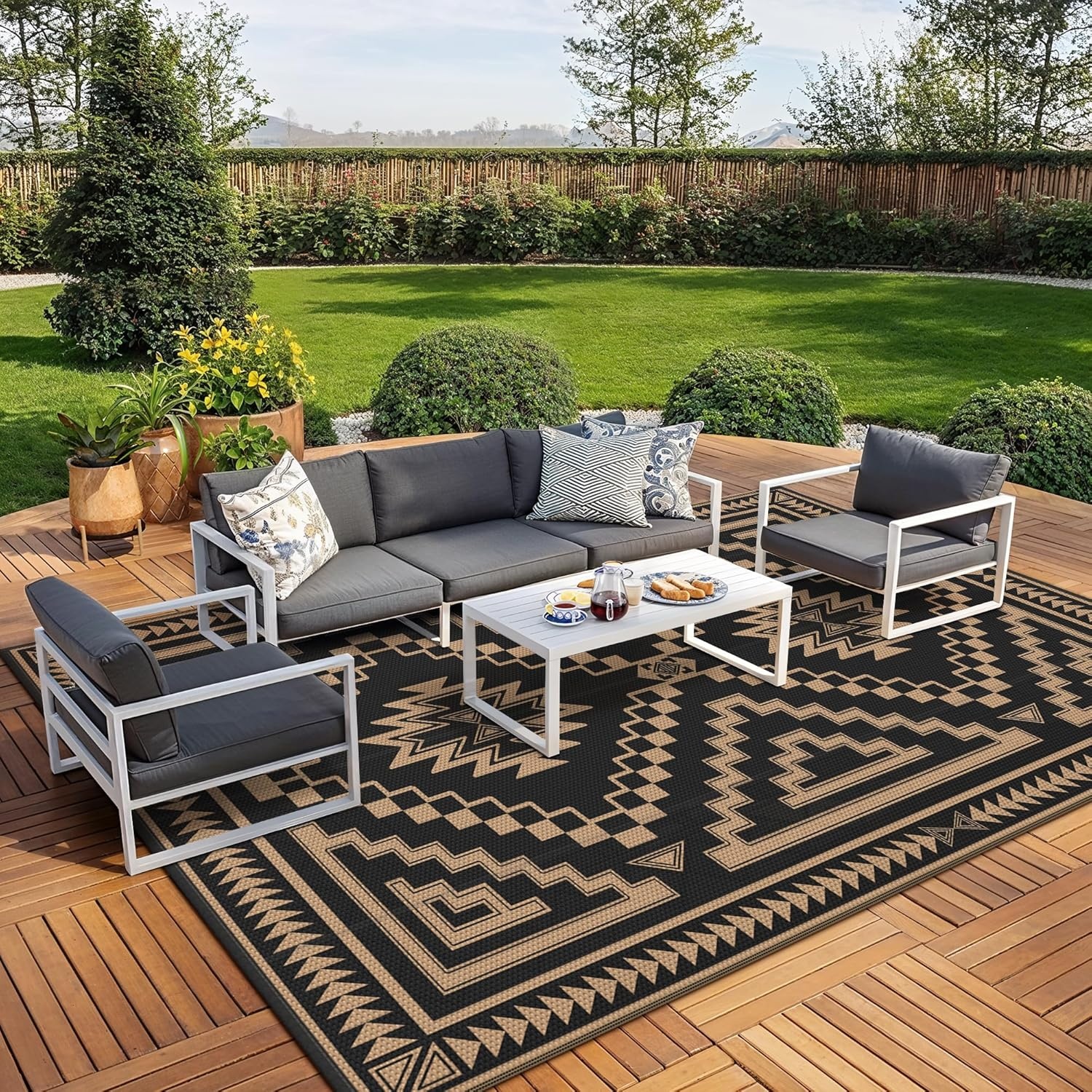 image:imageGENIMO Outdoor Rug for Patio Clearance 5x8 Reversible Plastic Straw Rugs Lightweight Waterproof RV Camping Mat for Camper Balcony Deck Backyard Picnic BlackBrownBlack Brown Aztec