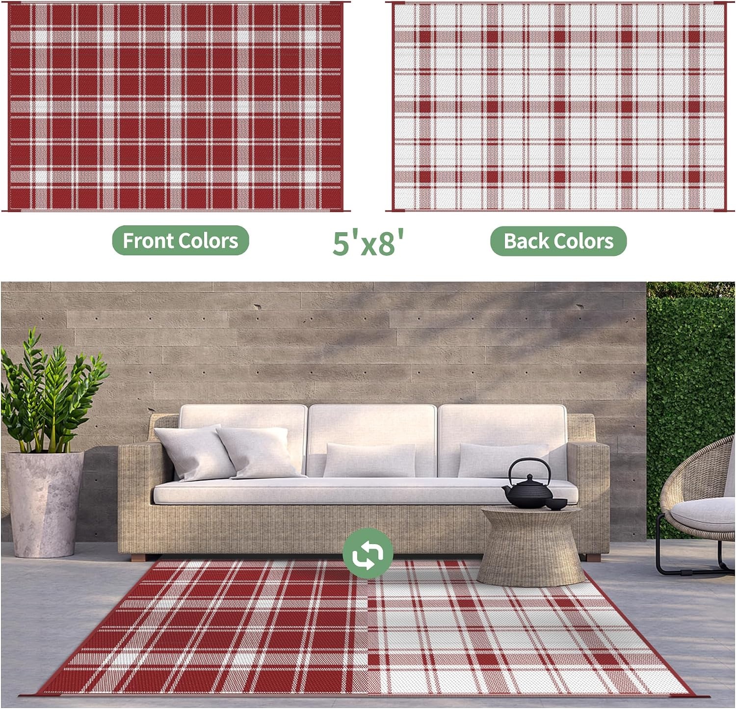 image:imageGENIMO Outdoor Rug for Patio Clearance 5x8 Reversible Plastic Straw Rugs Lightweight Waterproof RV Camping Mat for Camper Balcony Deck Backyard Picnic BlackBrownRed White Plaid