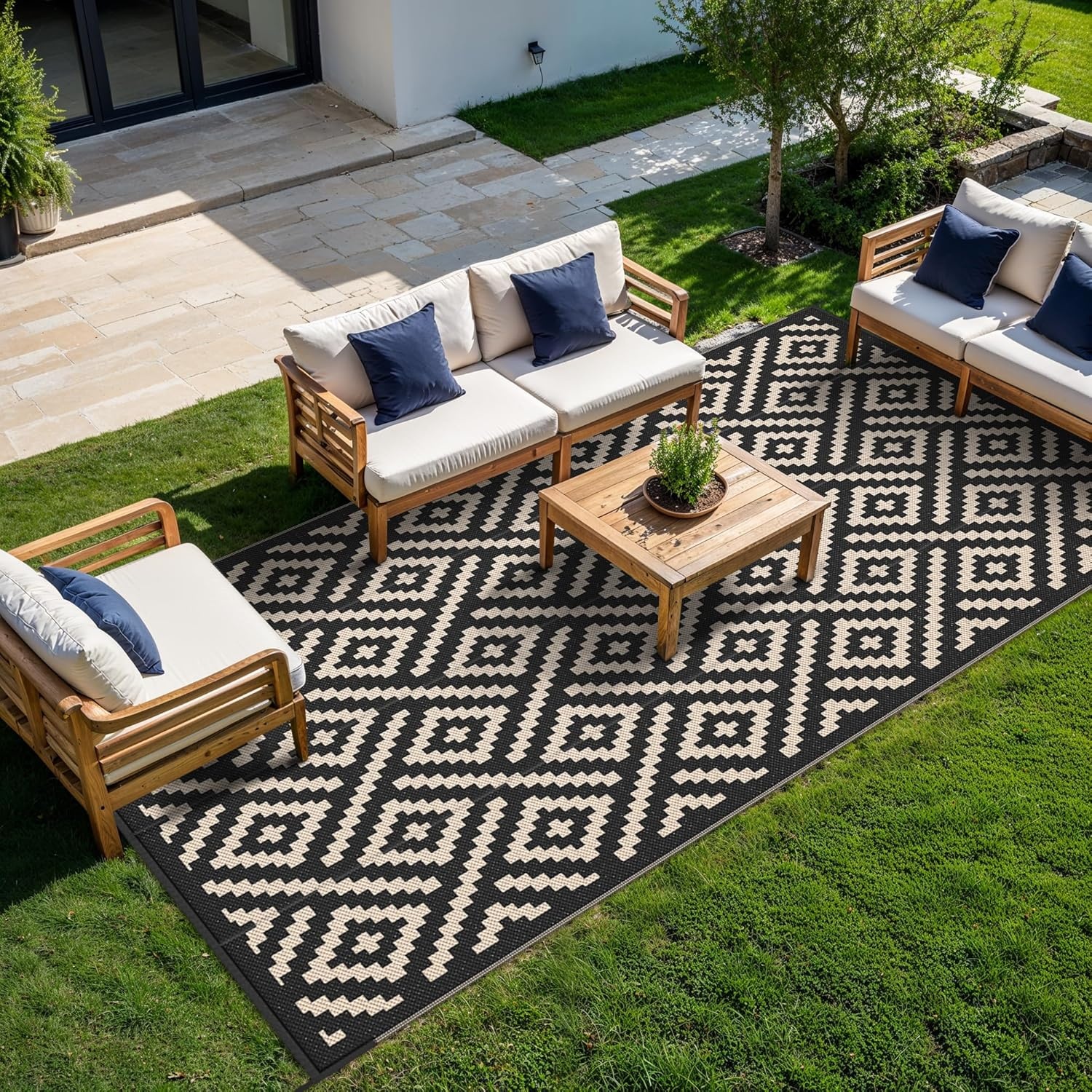 image:imageGENIMO Outdoor Rug for Patio Clearance 5x8 Reversible Plastic Straw Rugs Lightweight Waterproof RV Camping Mat for Camper Balcony Deck Backyard Picnic BlackBrownBlackbeige