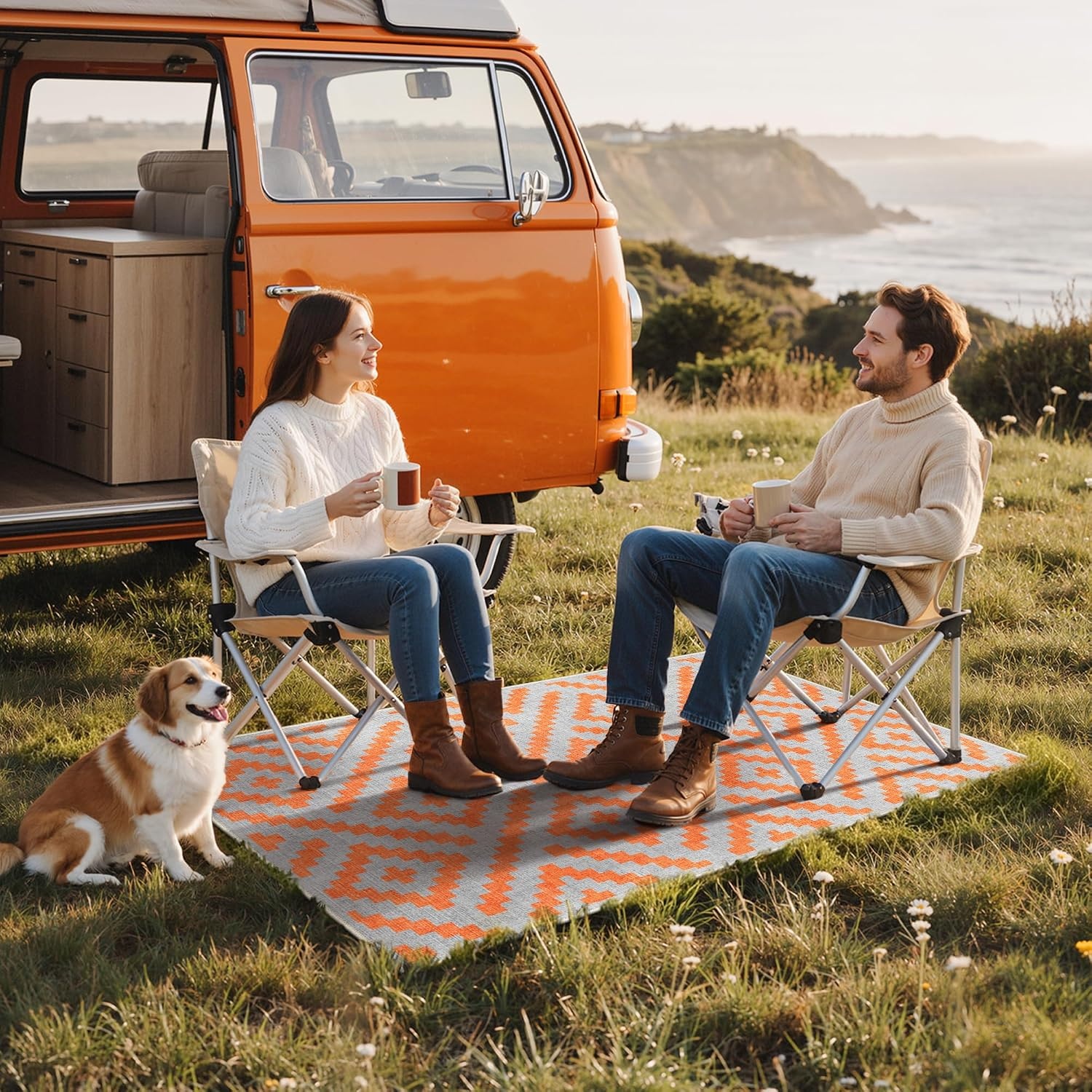 image:imageGENIMO Outdoor Rug for Patio Clearance 5x8 Reversible Plastic Straw Rugs Lightweight Waterproof RV Camping Mat for Camper Balcony Deck Backyard Picnic BlackBrownOrange Grey