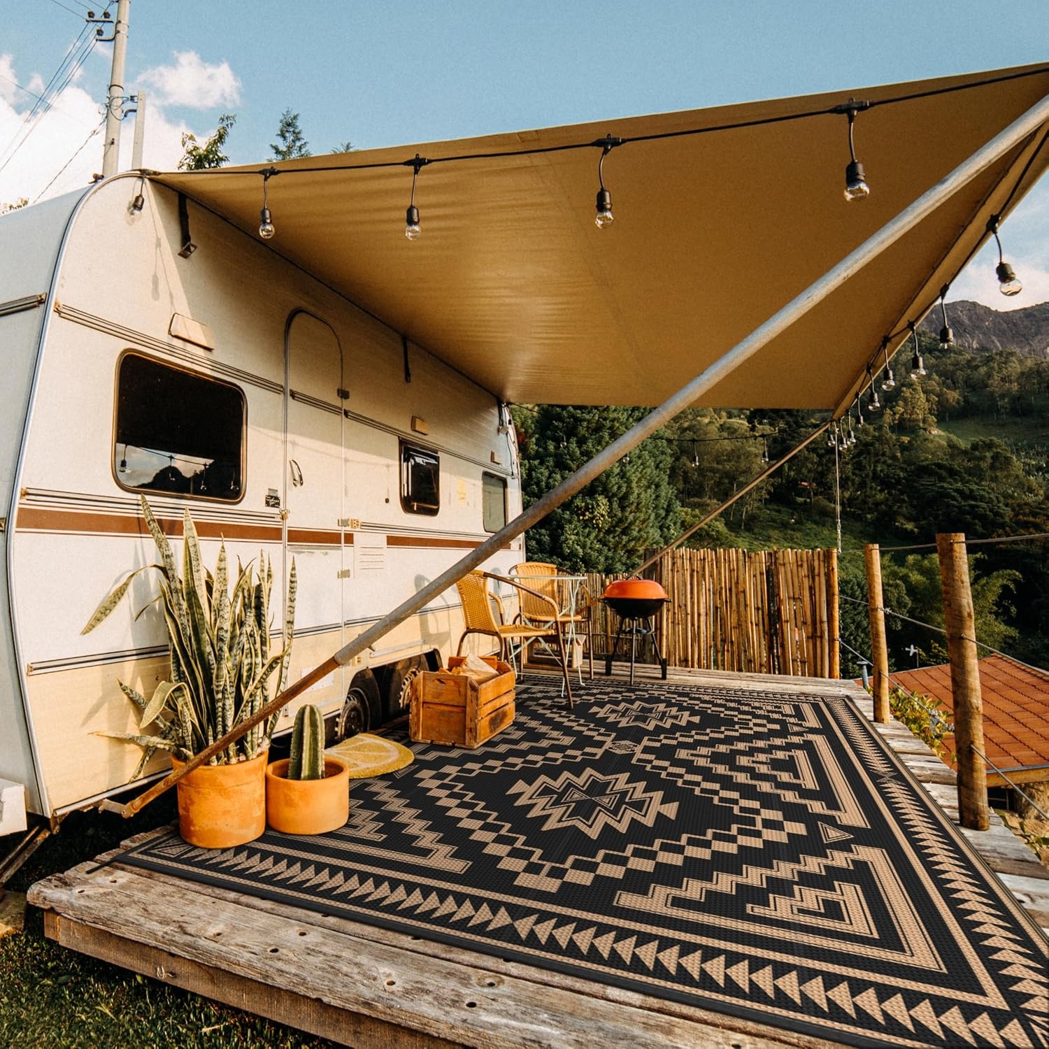 image:imageGENIMO Outdoor Rug for Patio Clearance 5x8 Reversible Plastic Straw Rugs Lightweight Waterproof RV Camping Mat for Camper Balcony Deck Backyard Picnic BlackBrownBlack Brown Aztec