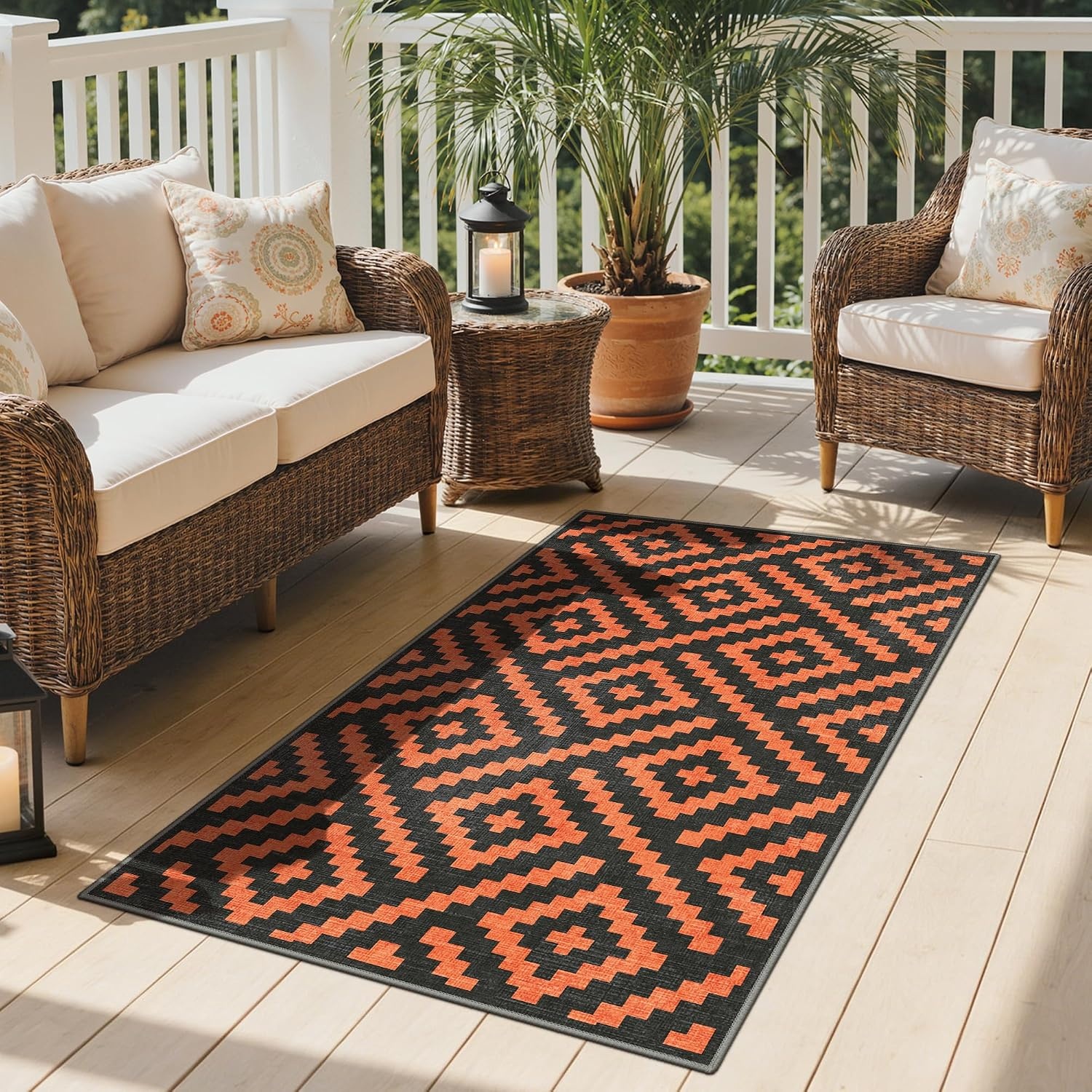 image:imageGENIMO Outdoor Rug for Patio Clearance 5x8 Reversible Plastic Straw Rugs Lightweight Waterproof RV Camping Mat for Camper Balcony Deck Backyard Picnic BlackBrownOrange Noir