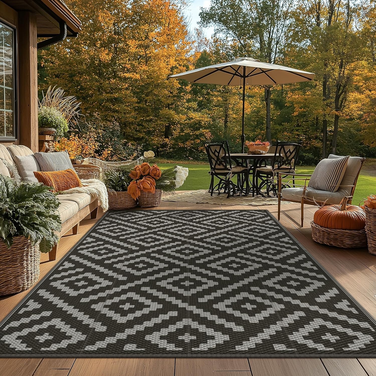 image:imageGENIMO Outdoor Rug for Patio Clearance 5x8 Reversible Plastic Straw Rugs Lightweight Waterproof RV Camping Mat for Camper Balcony Deck Backyard Picnic BlackBrownBlackgray